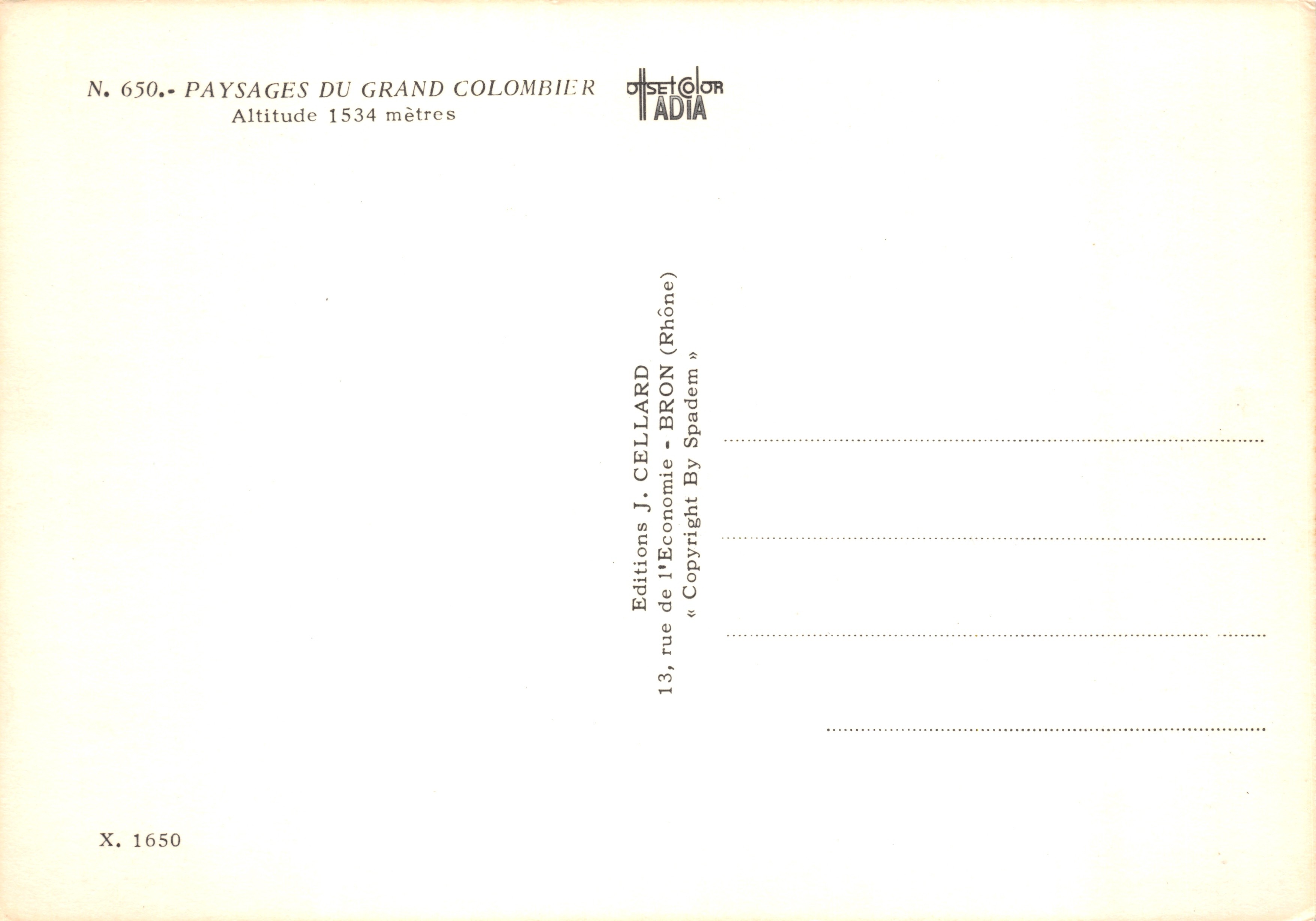 Route, chalet, pâturages et croix du Grand Colombier — alt. 1534 m. — Éditeur : Editions J. Cellard — Reverso