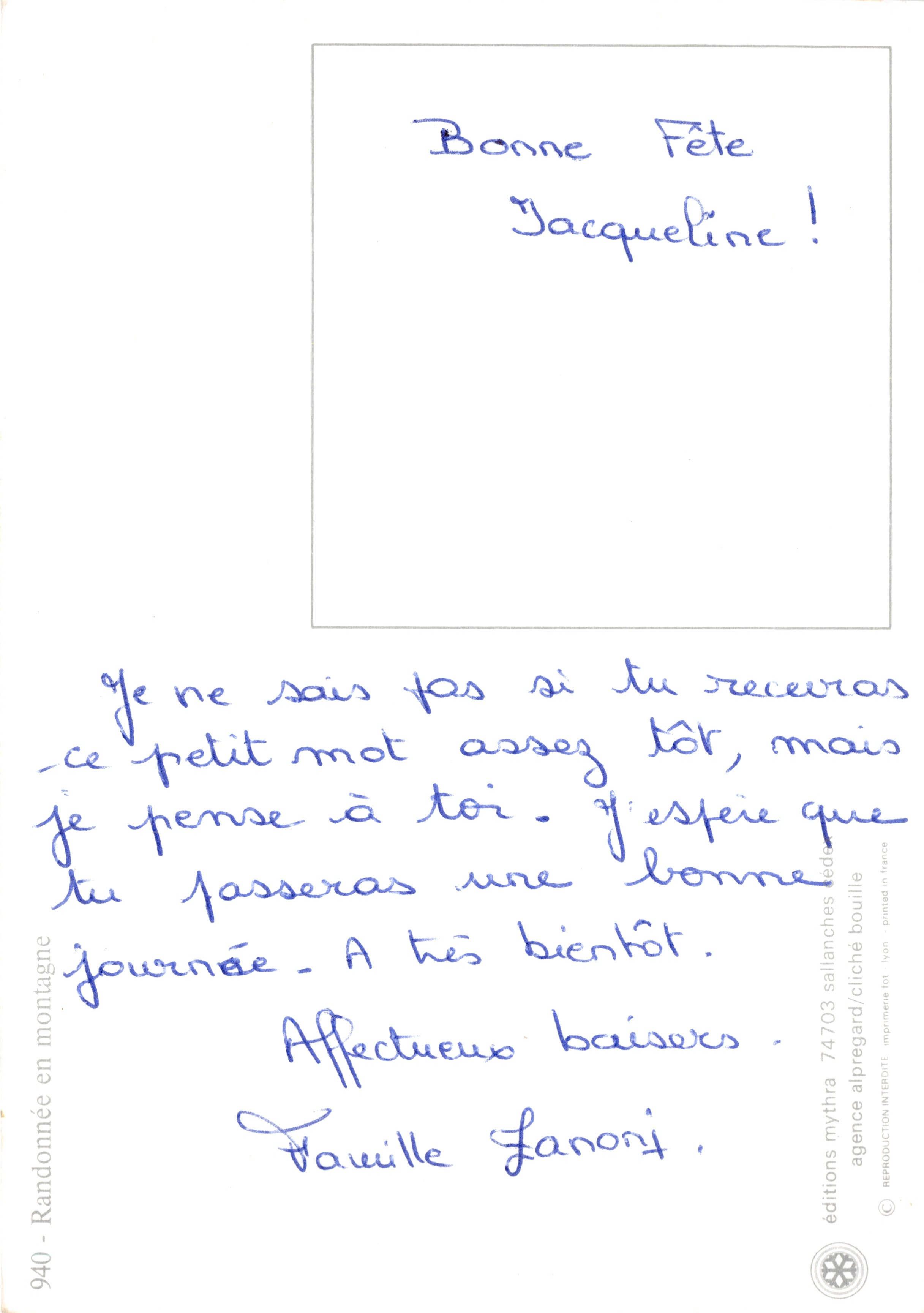 Cascade en montagne — vue alpine encadrée de sapins — éditeur Mythra, n° 940 — Verso