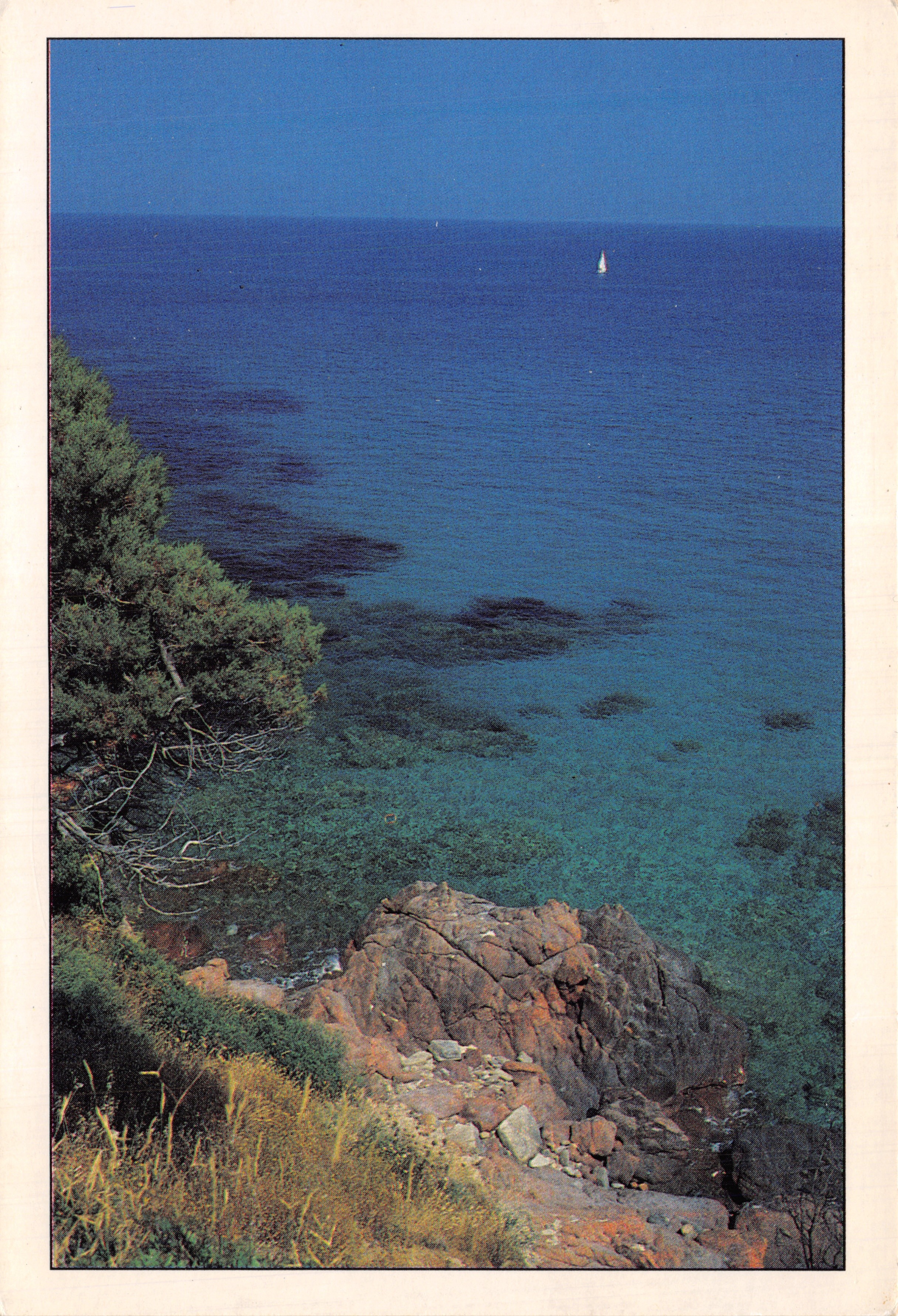Côte Méditerranéenne — vue côtière avec rochers et voile blanc — Éditions Comptoires de la Carte Postale, n°225