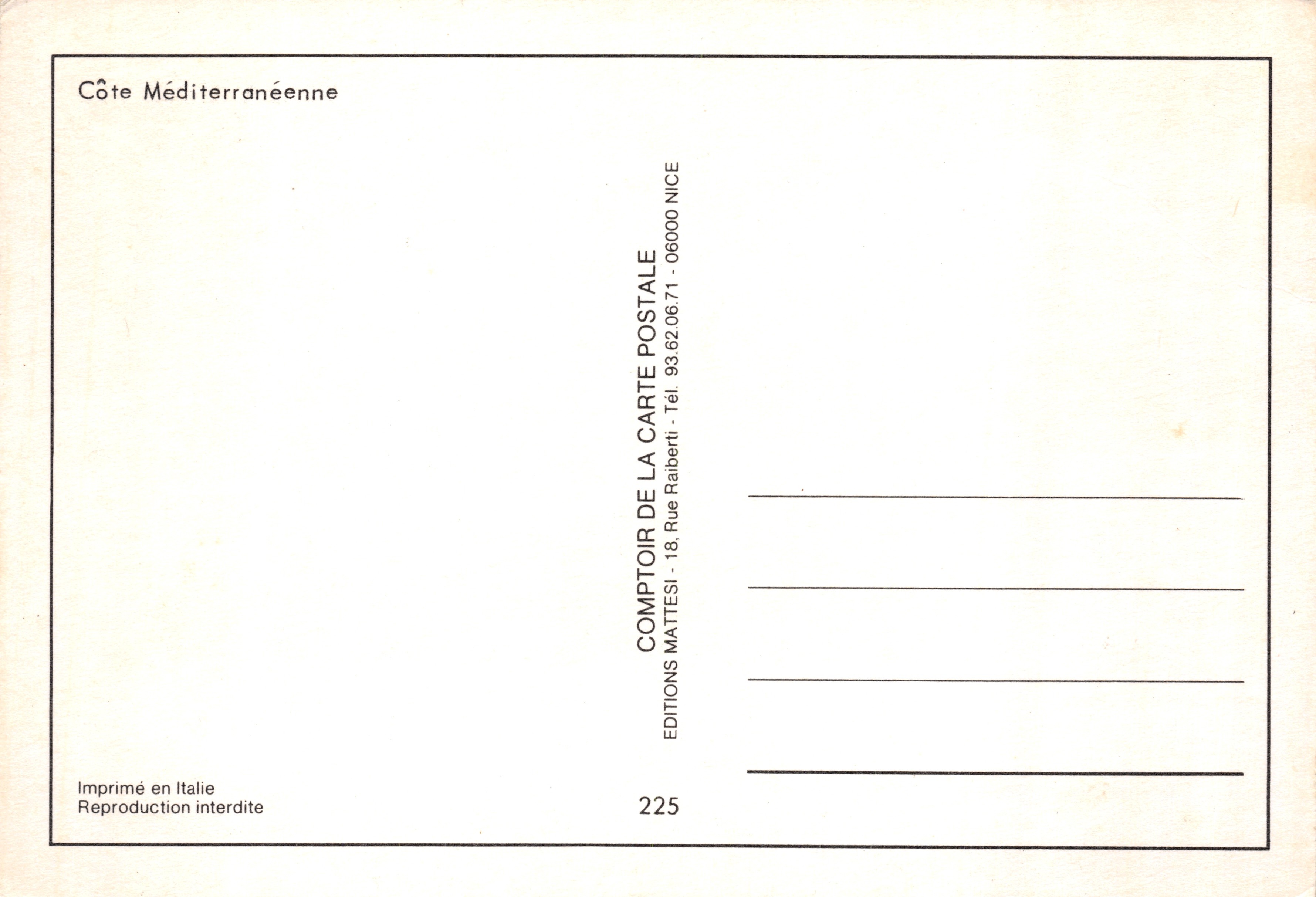 Côte Méditerranéenne — vue côtière avec rochers et voile blanc — Éditions Comptoires de la Carte Postale, n°225 — Reverso