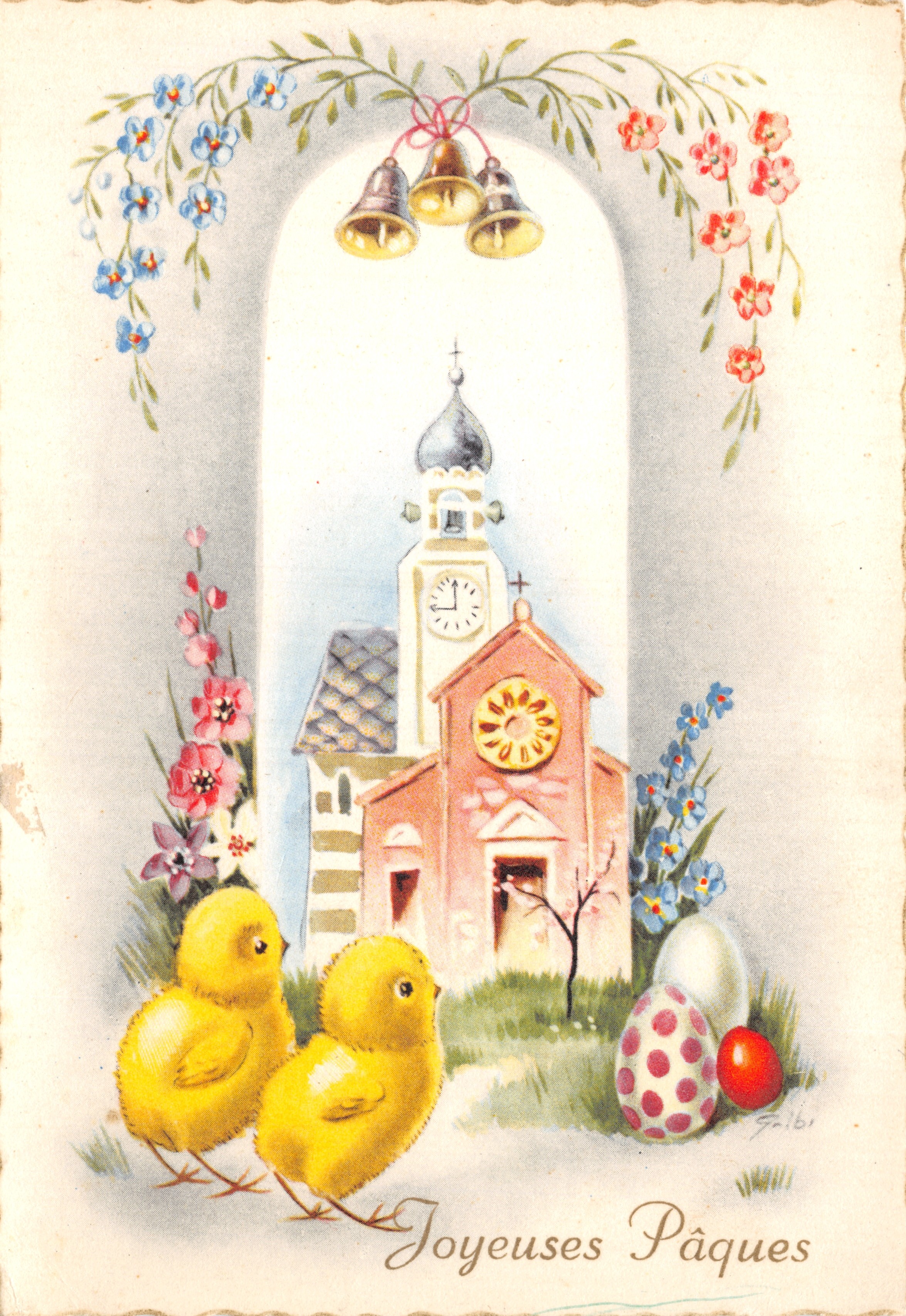 Pâques — église avec clocher et poussins — éditeur Falbi