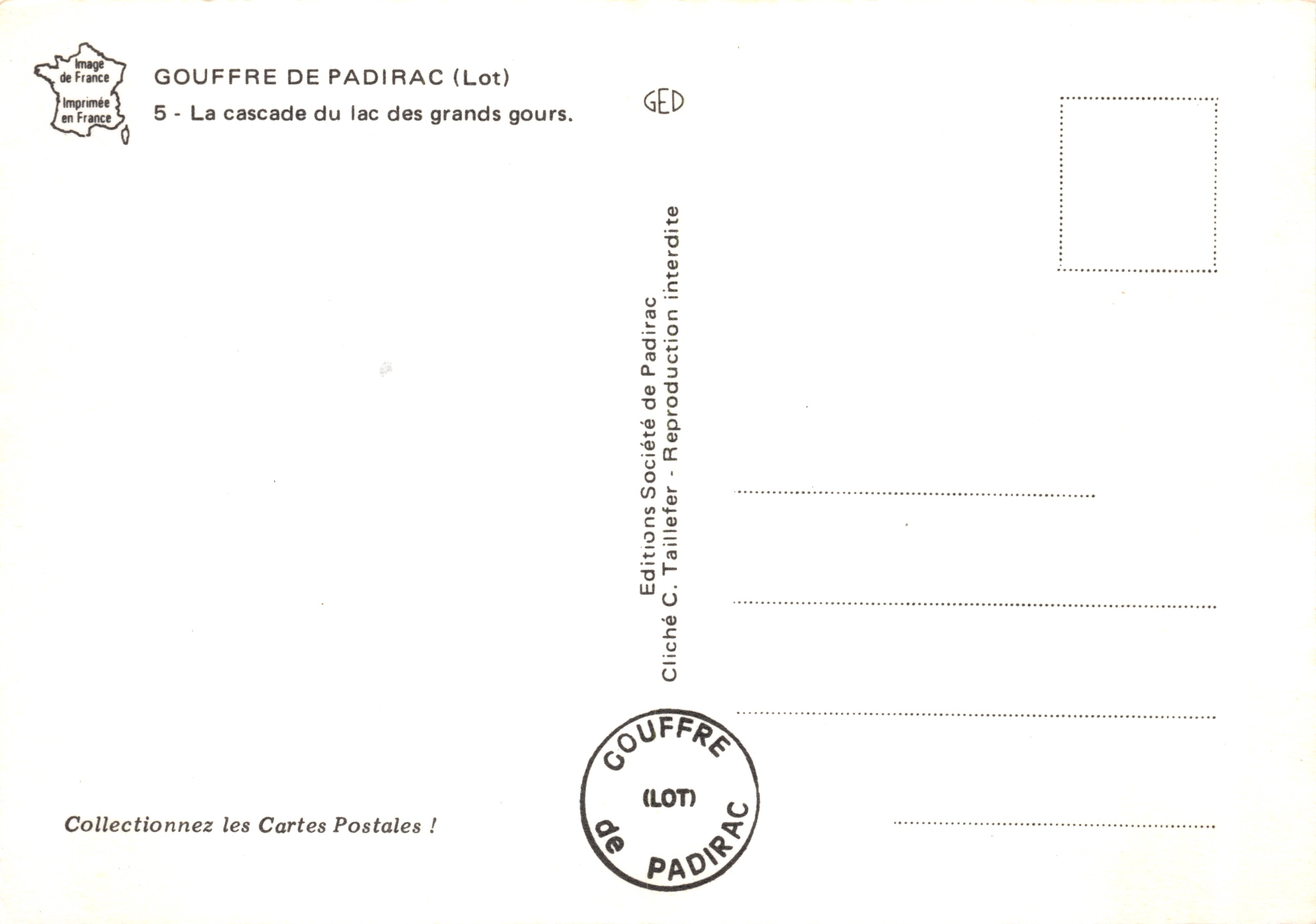 Gouffre de Padirac (Lot) — Cascade du lac des grands gours — Éditions C. Tallefer — Reverso
