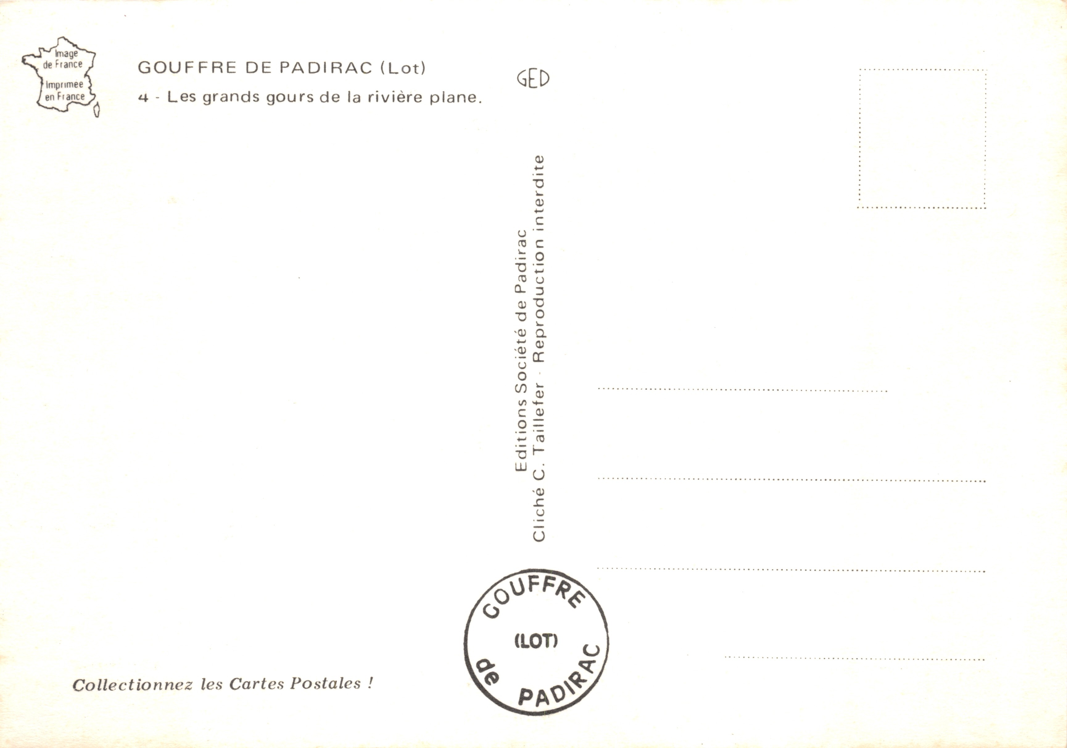 Gouffre de Padirac — vue intérieure avec cascade et passerelle — Éditions C. Taillefer — Verso