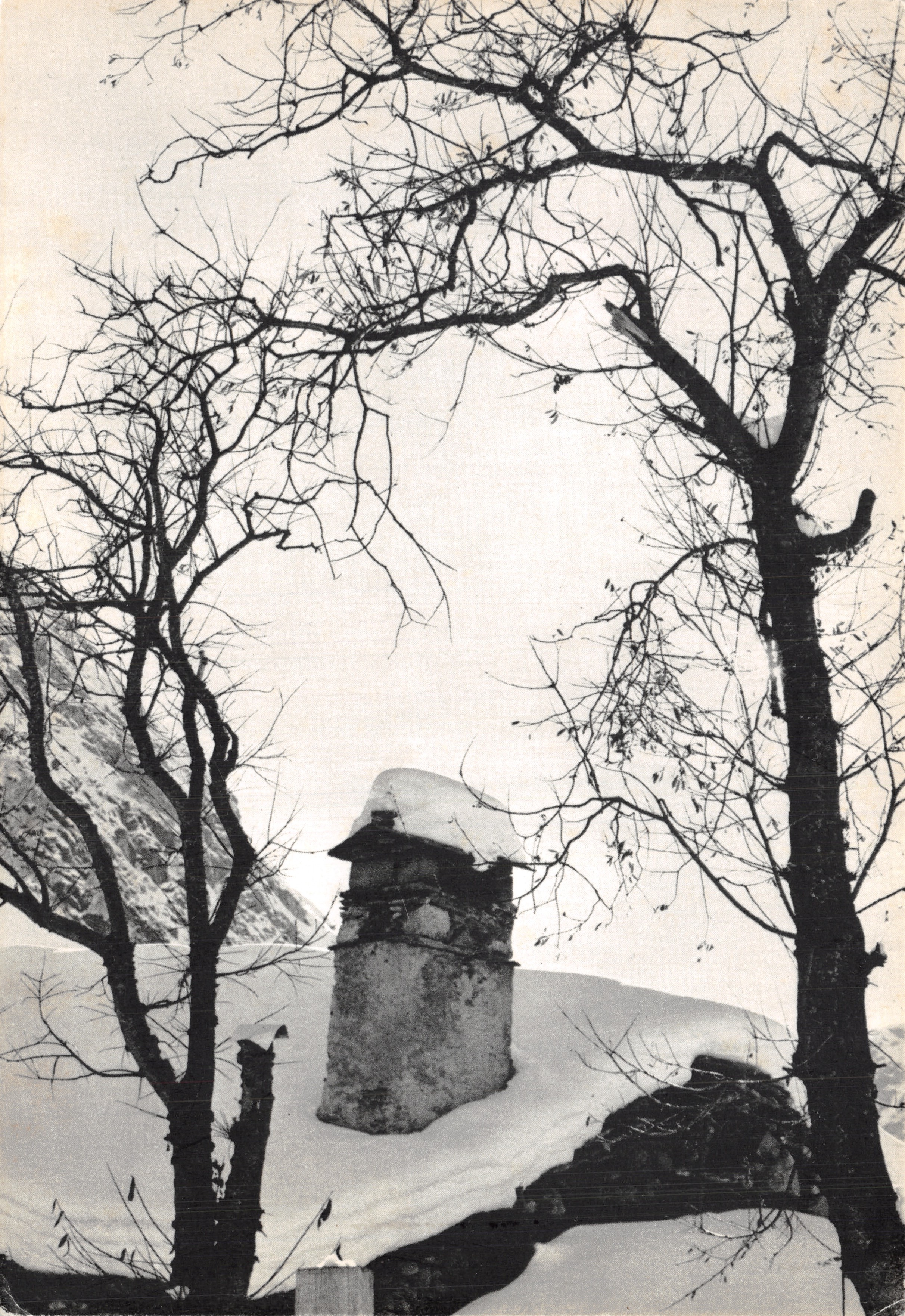 Chemin de montagne enneigé — tour en pierre sous arbres nus — éditeur Pierre Huart, photographie n° 18