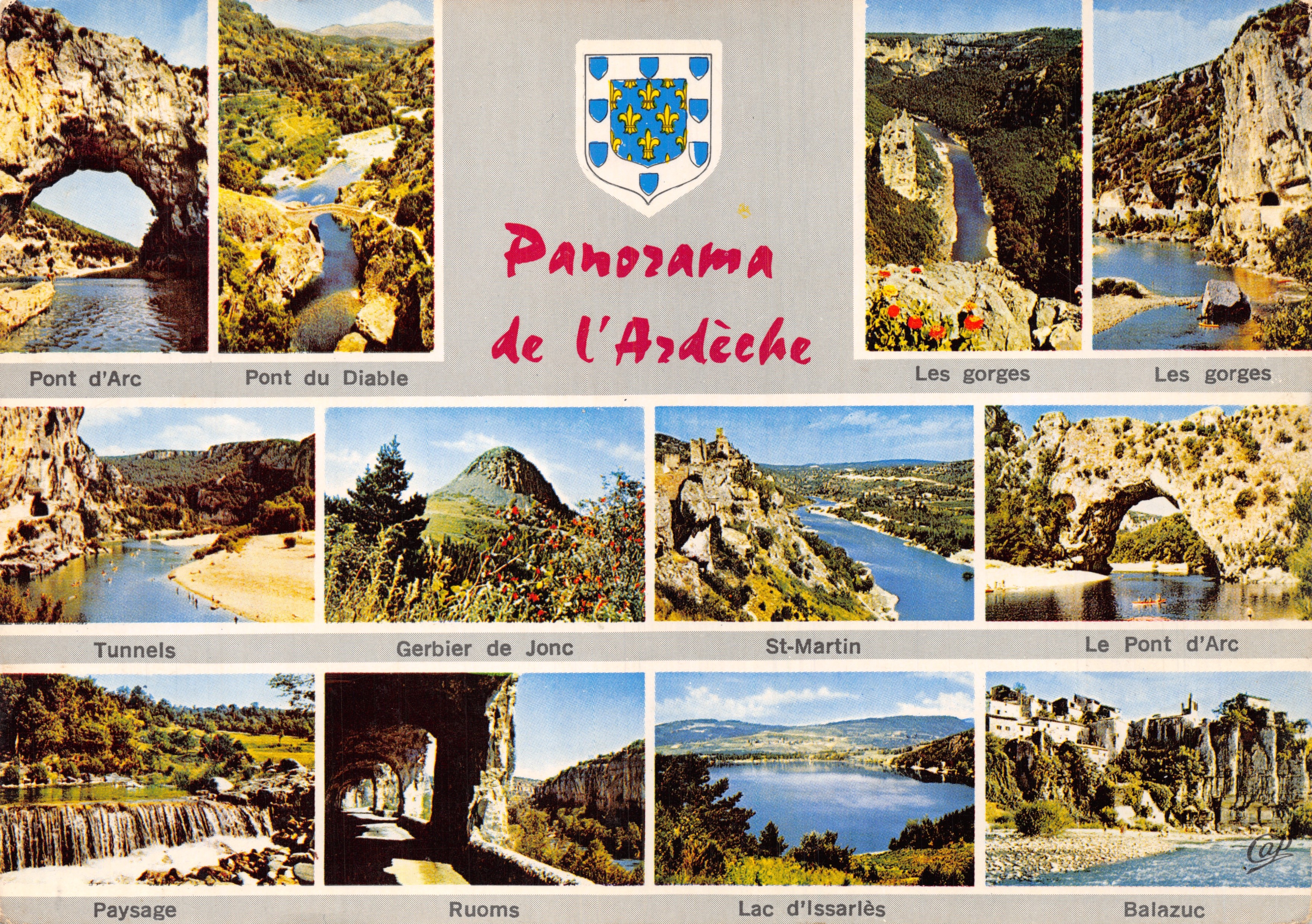 Panorama de l'Ardèche — vue composite de sites naturels avec blason et légendes