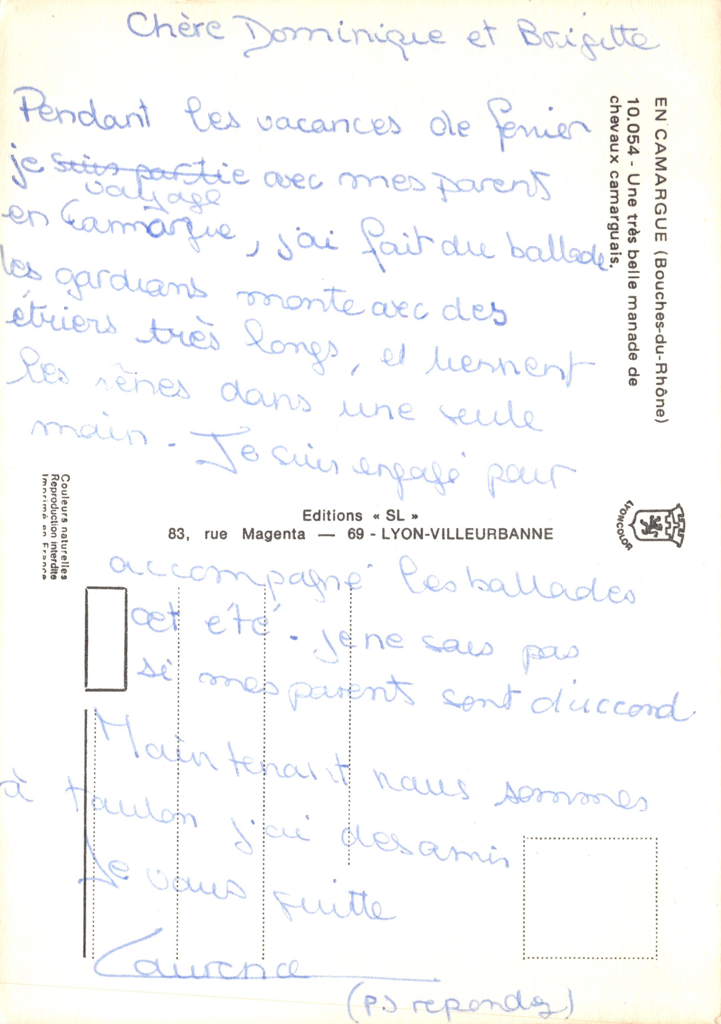 Caballeros camarguenses — manada en la playa — Ediciones « SL » — Reverso