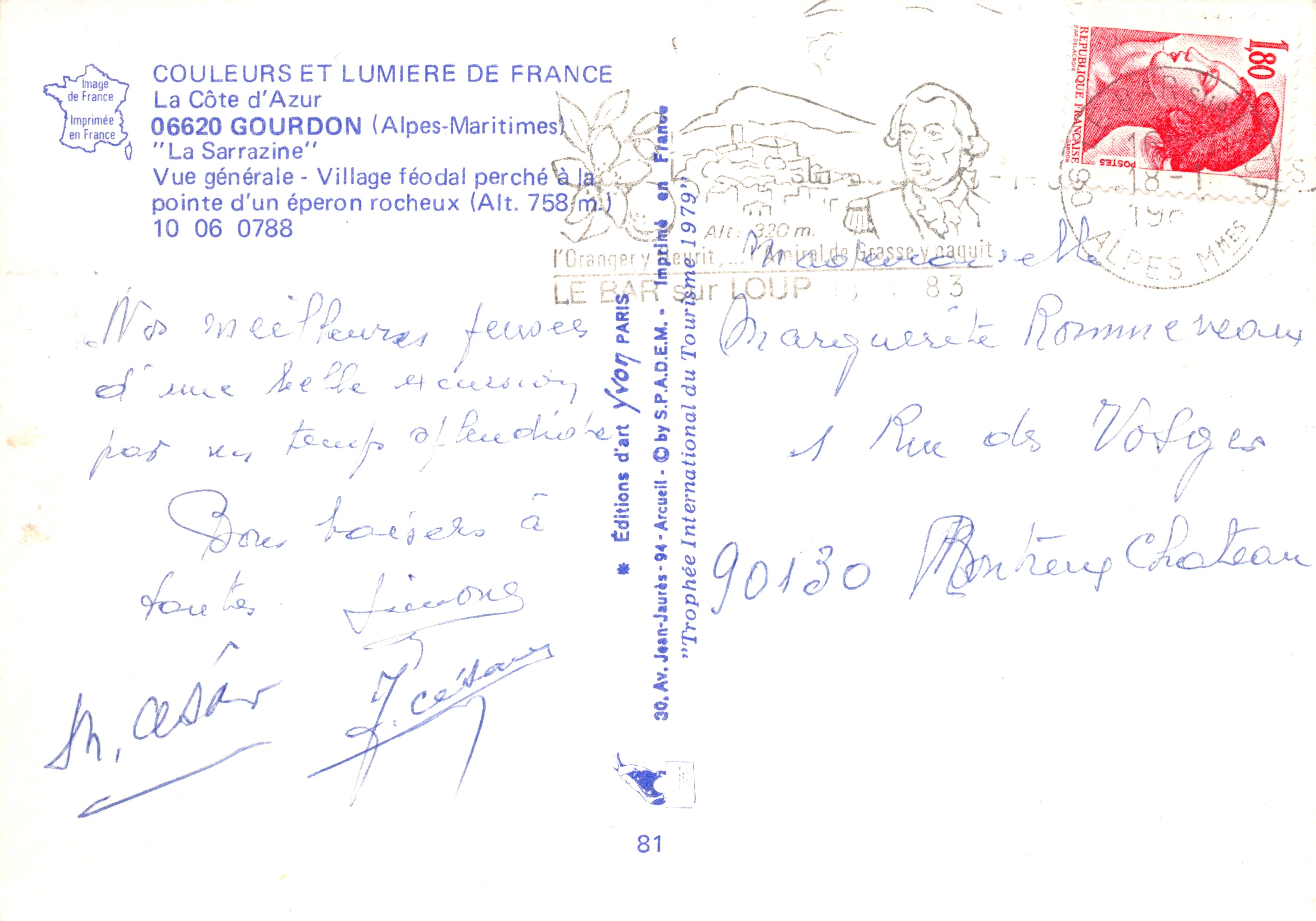 La Sarrazine — feodale dorp gevestigd aan de punt van een rotsachtige uitsteeksel (Hoogte 758 m) — Éditions d'art S.P.A.D.E.M. n° 06620 GOURDON — Achterkant