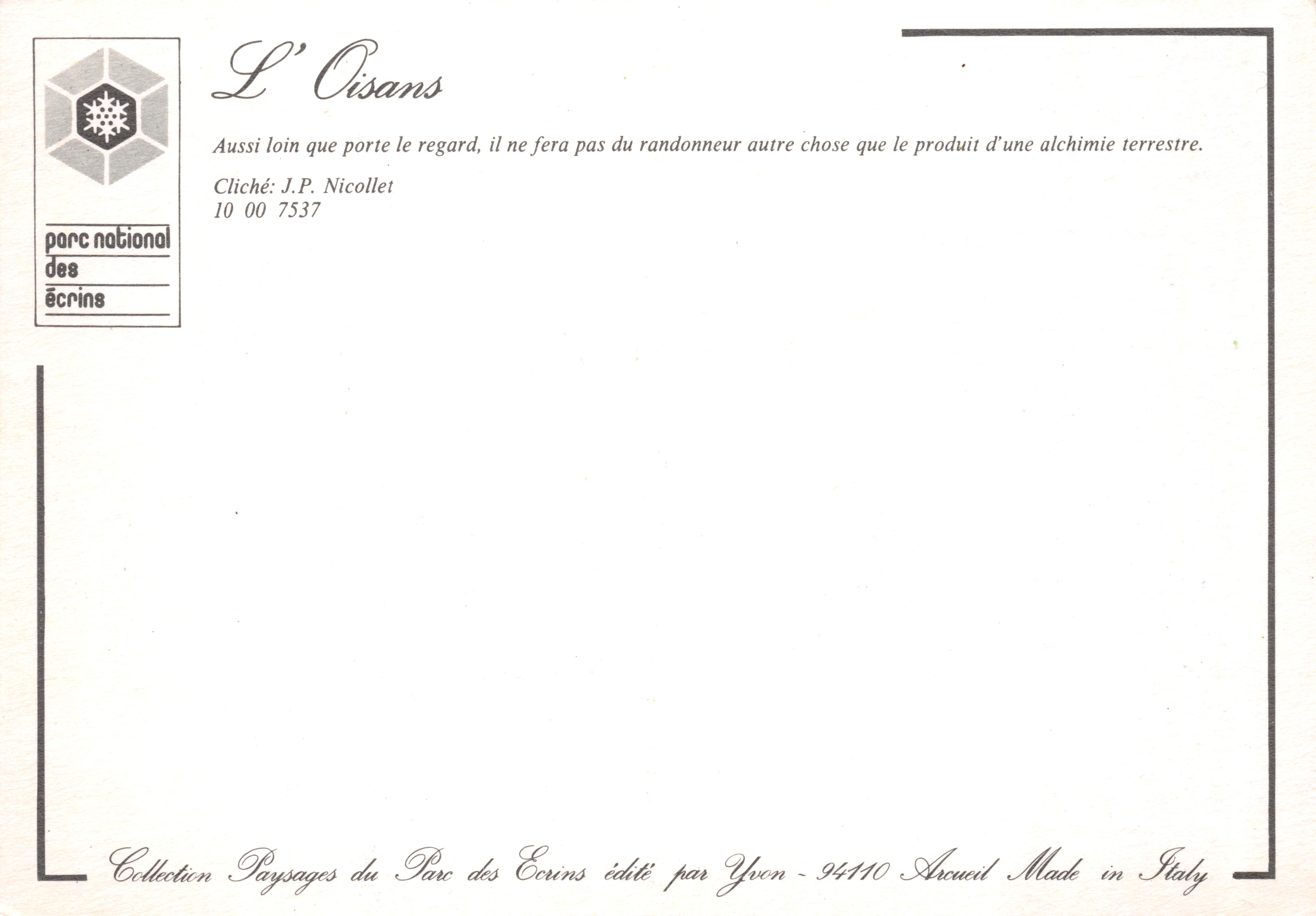 L'Oisans — vista panoramica del Parco Nazionale degli Écrins — editore Yvon — Verso