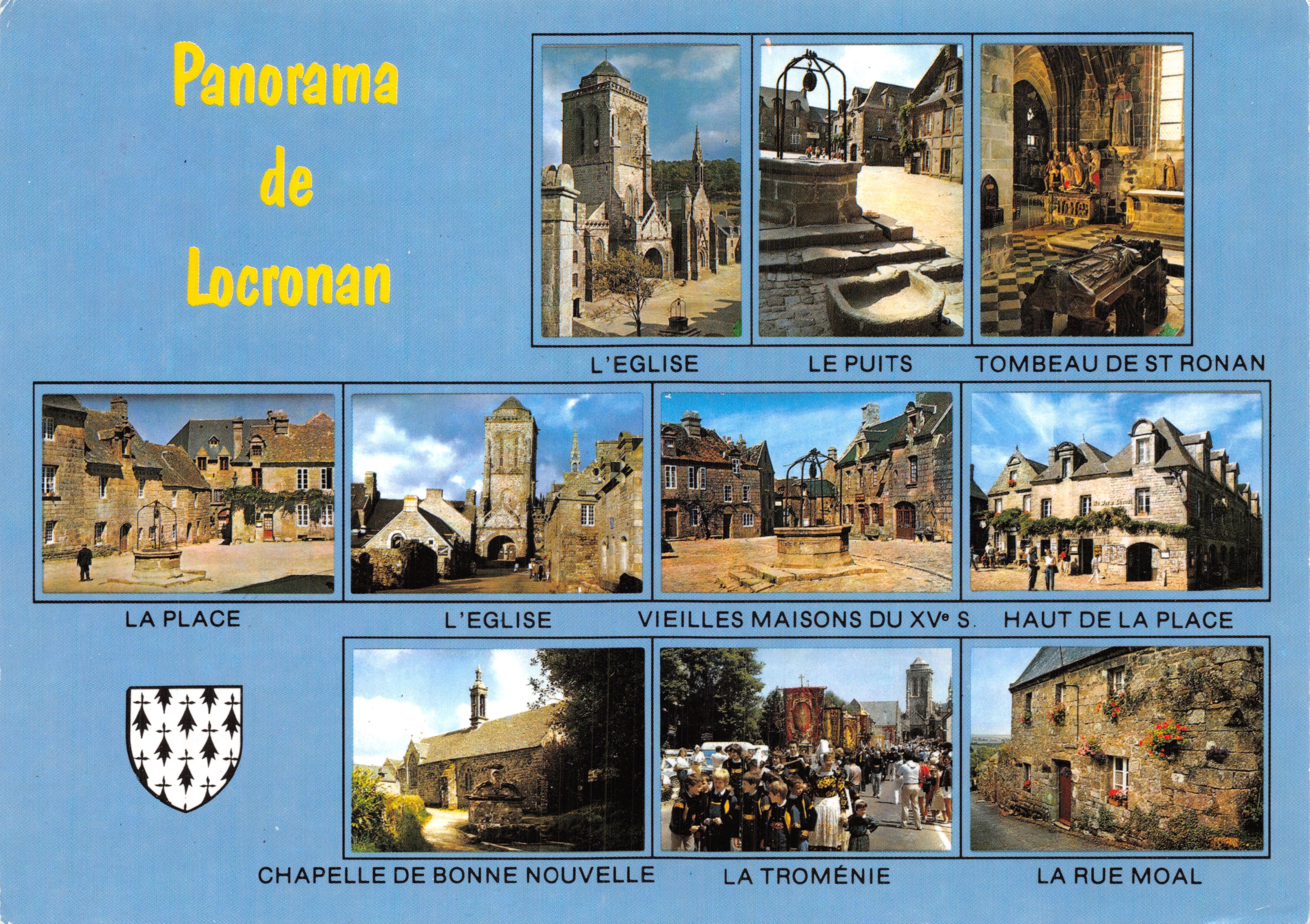 Panorama van Locronan — samengestelde ansicht van de kerk, het brontje, het graf van Sint Ronan, het plein en de straatjes — Édition Art JOS, Le Doaré