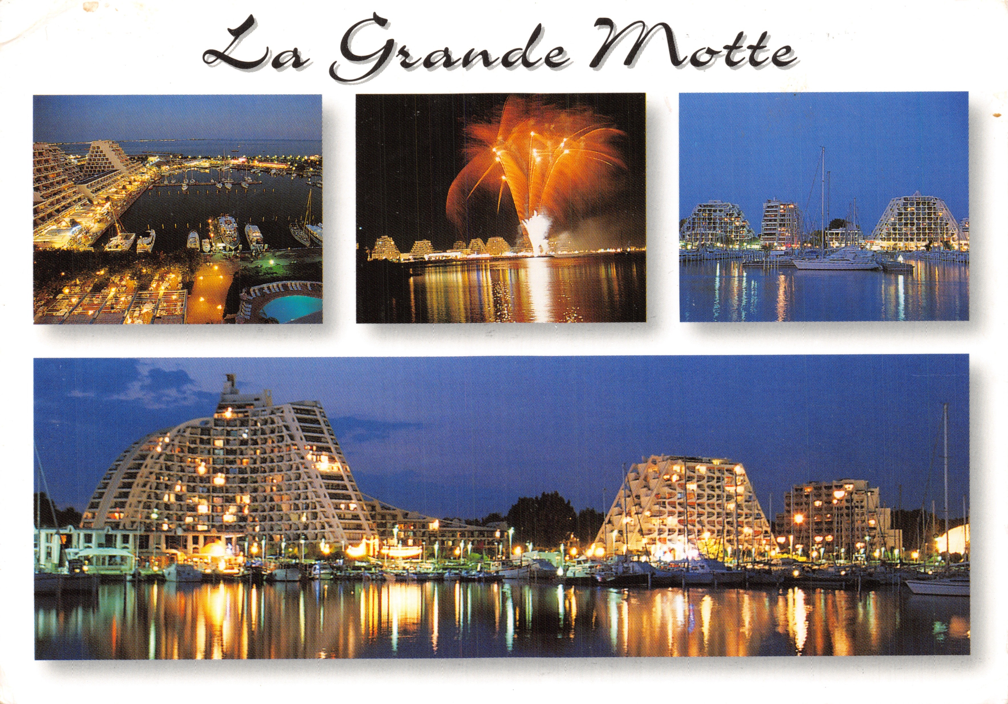 La Grande Motte — vue nocturne du port et des hôtels géométriques — Éditions du Soleil
