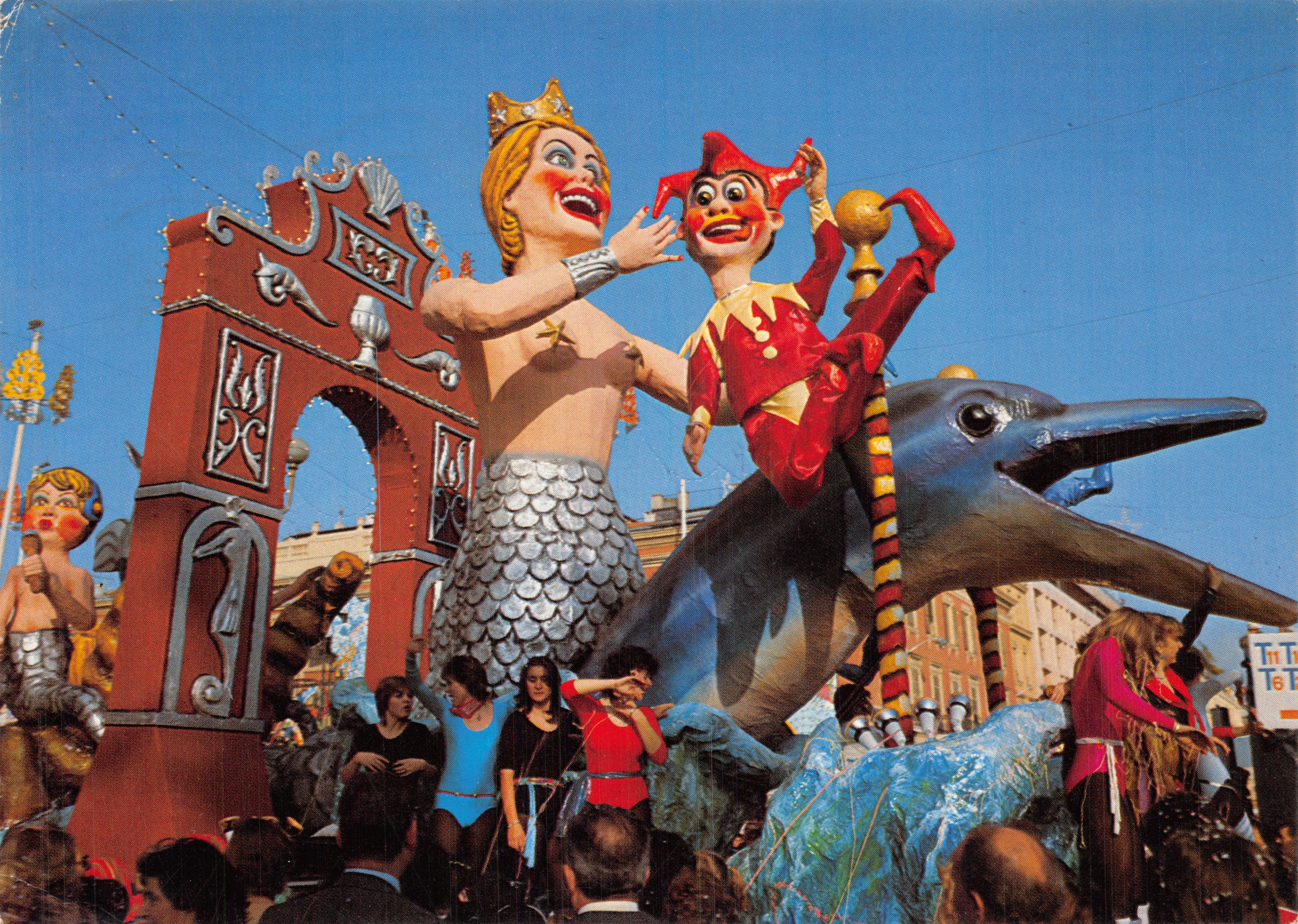 Carnaval de Nice — scène de parade avec la Reine des Ondes et un clown sur un dauphin — Éditions NICE
