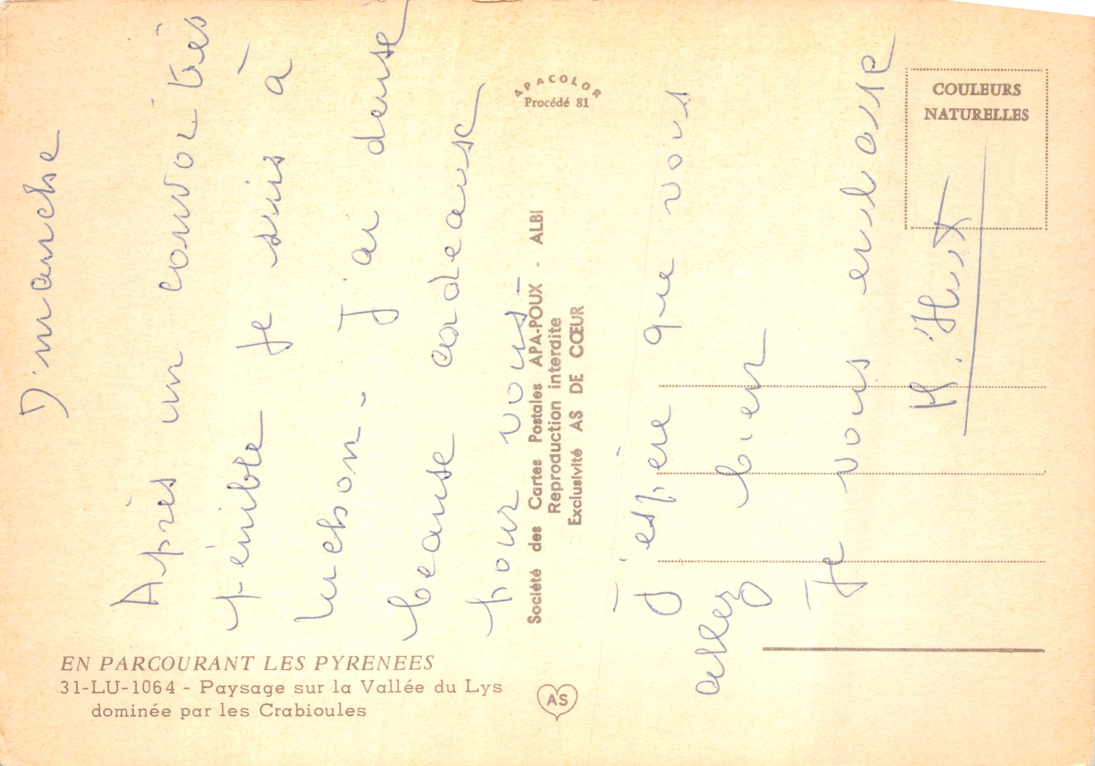 Paysage sur la Vallée du Lys — dominée par les Crabioules — Société des Cartes Postales APA-POUX — Reverso