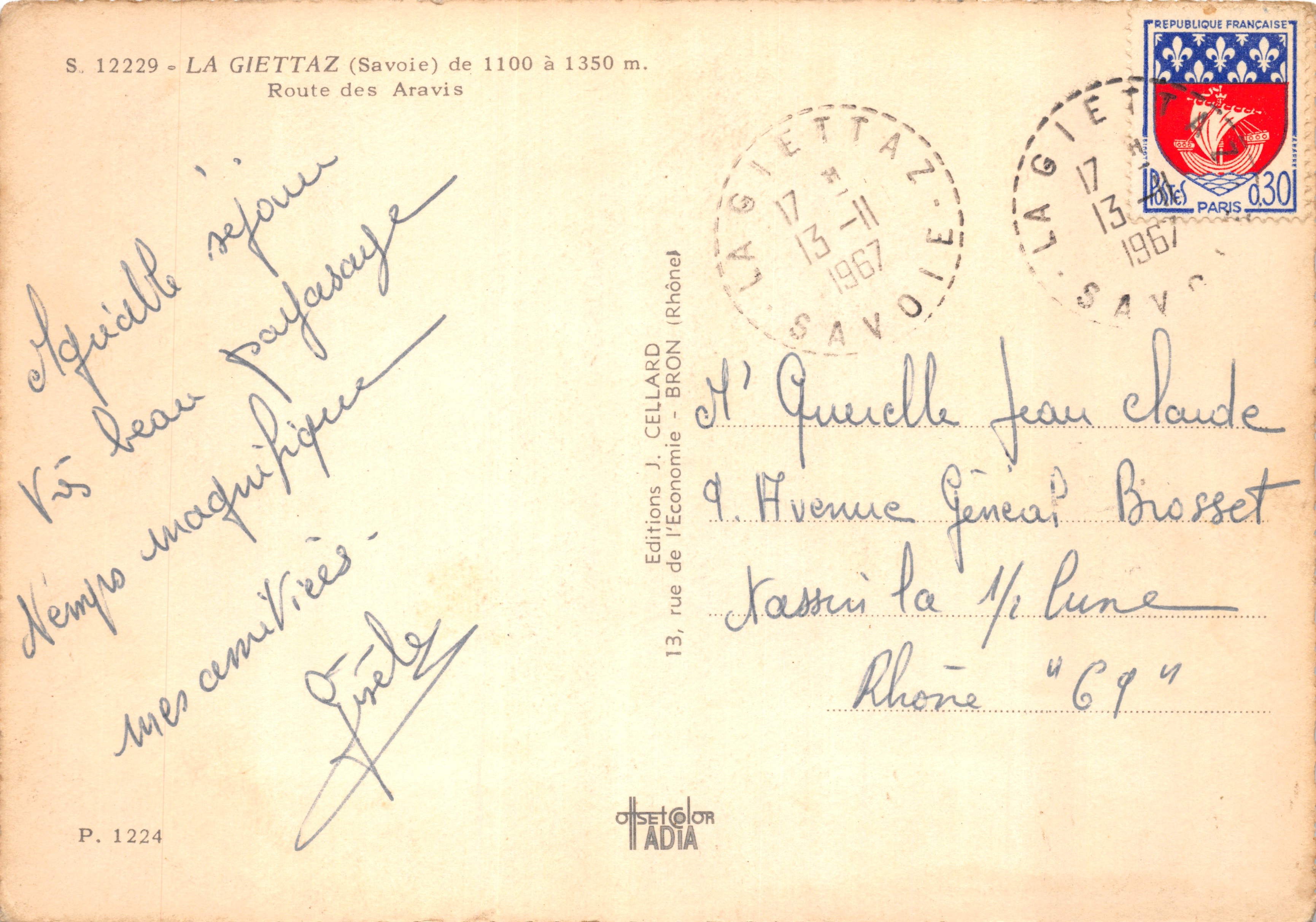 Val d'Arly — Vue des montagnes enneigées avec panneau publicitaire — Éditions J. Cellard — Reverso