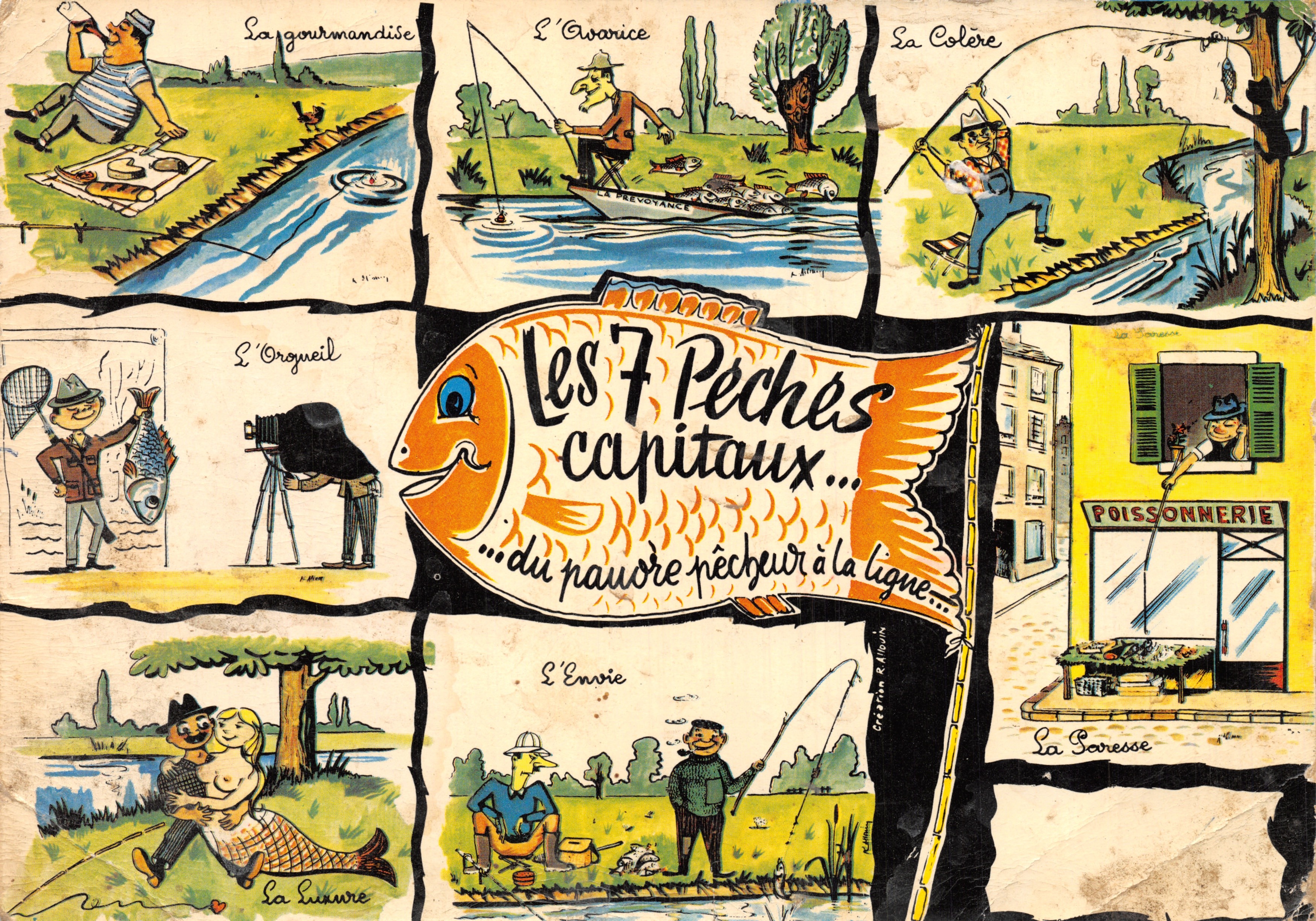 Les 7 Péchés capitaux... du pauvre pêcheur à la ligne — illustrations humoristiques — éditeur Lyoncolor