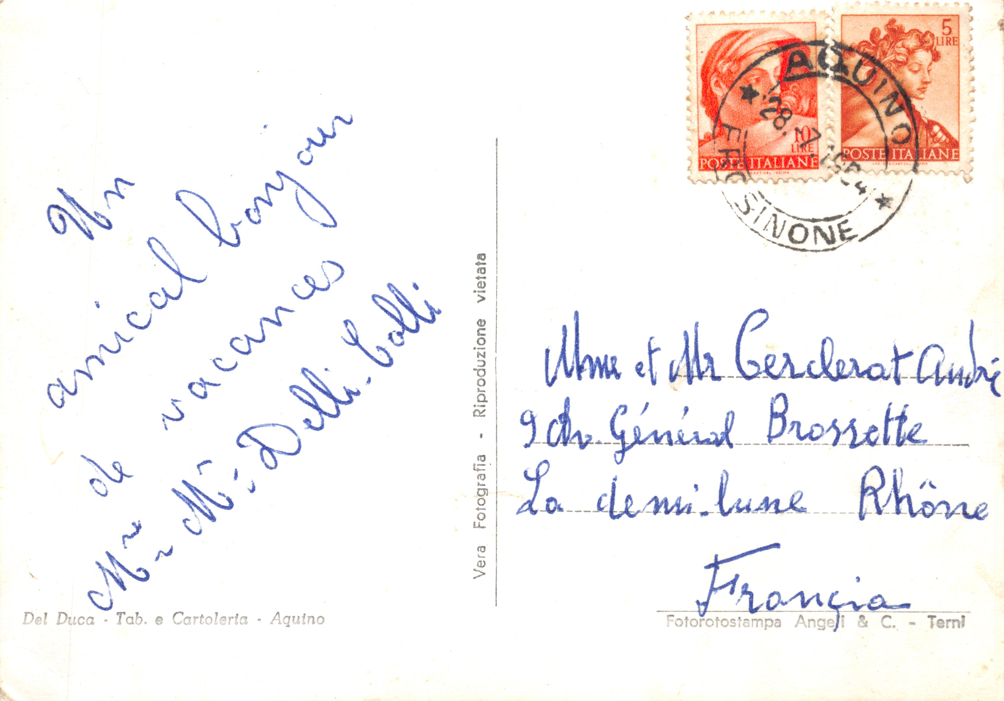 Aiquino — Tour du Château des Comtes d'Aquino — Del Duca - Tab. e Cartoleria - Aquino — Reverso