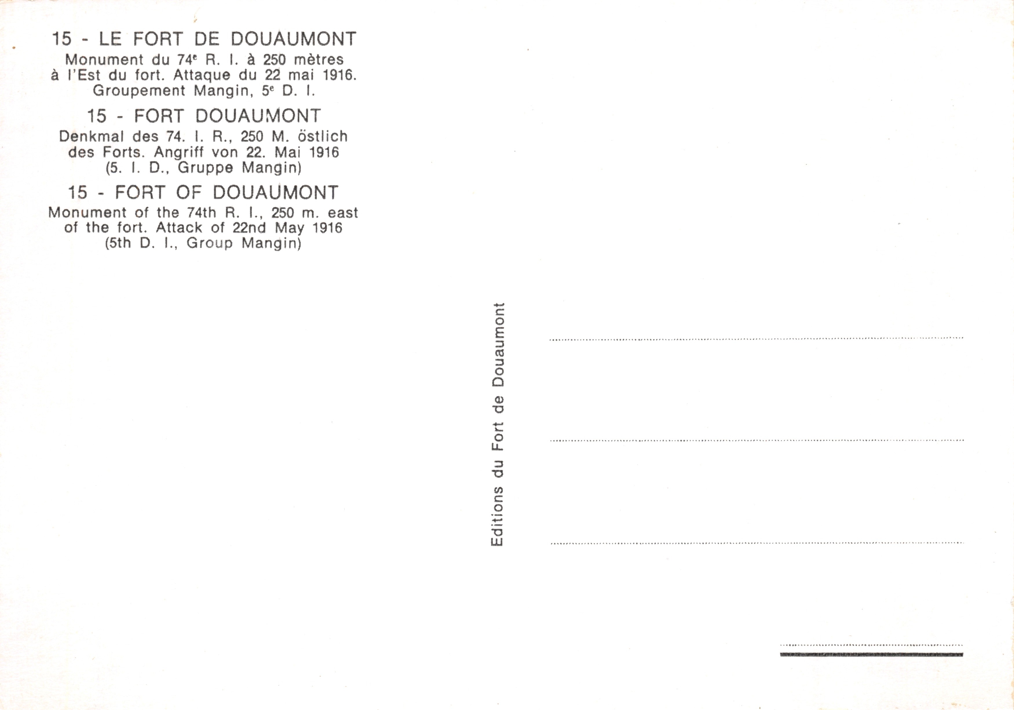 Monument van het 74e RI in Douaumont — aanval van 22 mei 1916 — uitgever Editions du Fort de Douaumont — Achterkant