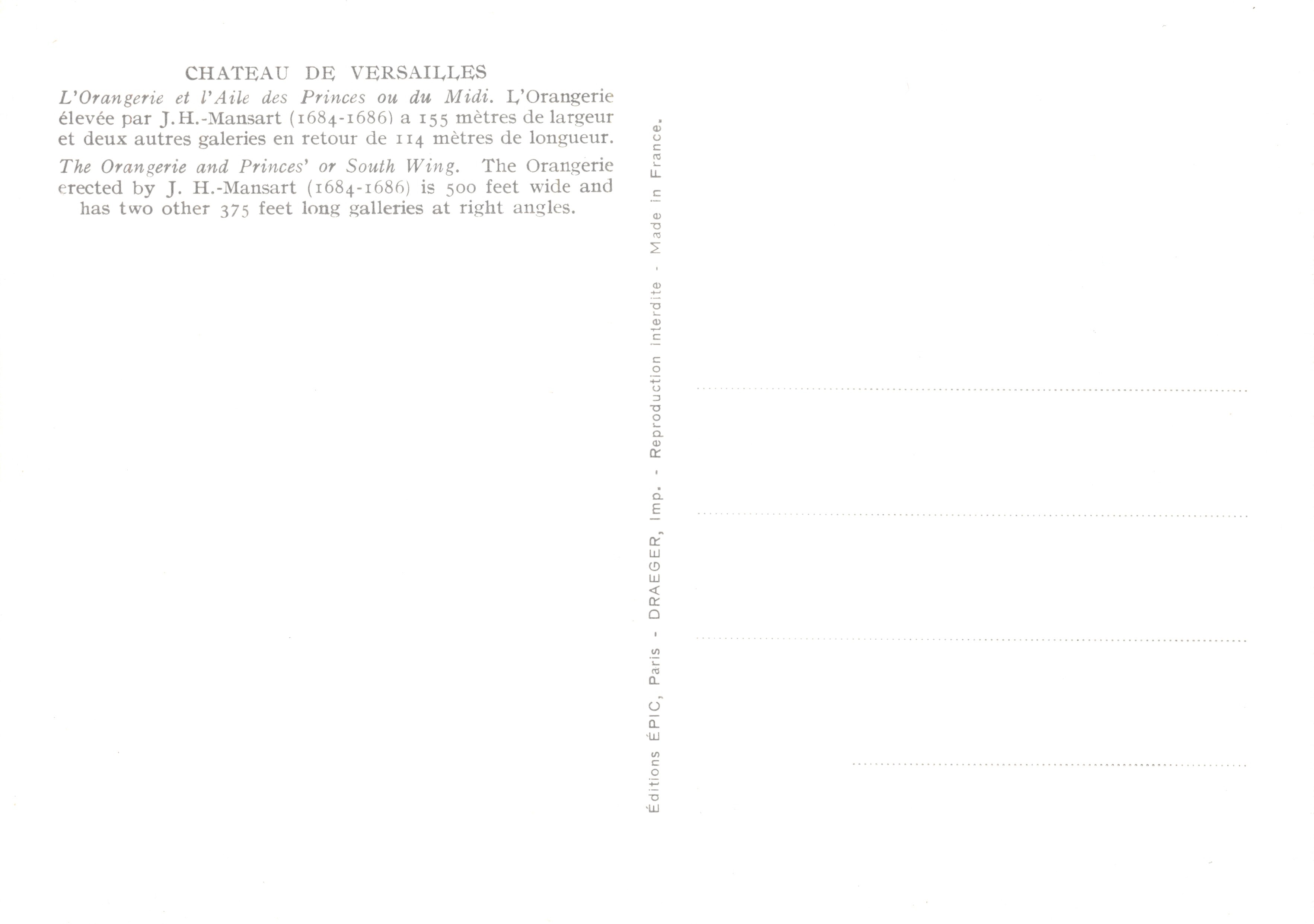 Castello di Versailles — Orangerie e Aile dei Principi o del Mezzogiorno — Éditions ÉPIC, Paris — Verso