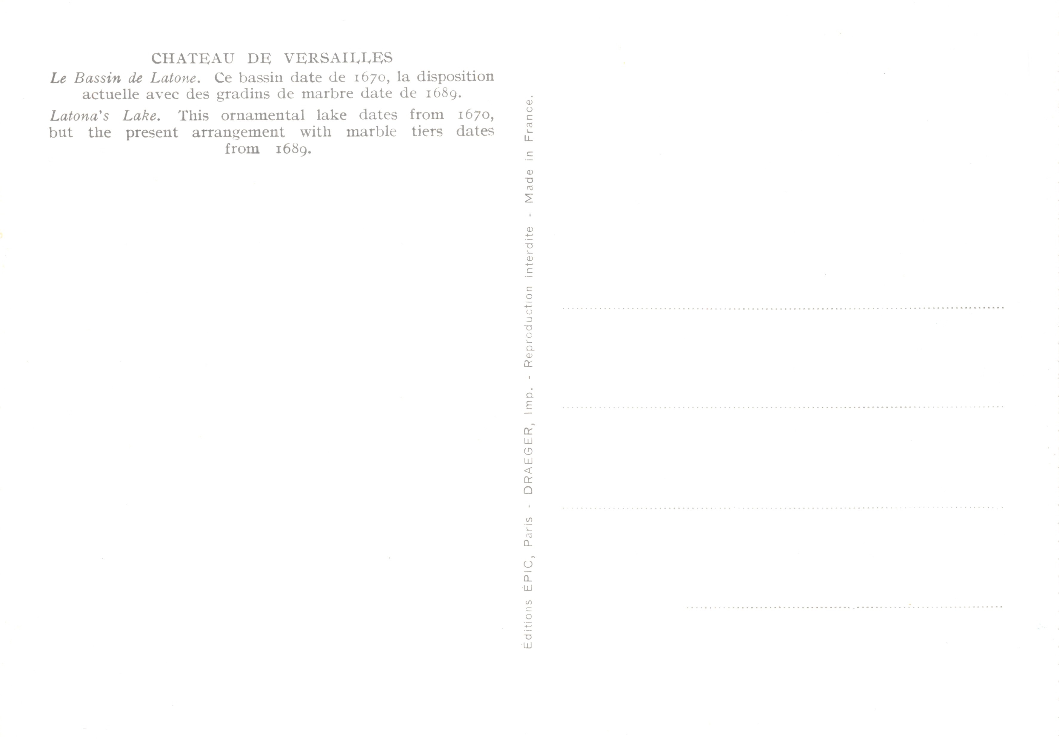 Castello di Versailles — Bassin de Latone con scalini in marmo — Éditions EPIC, Paris — Verso