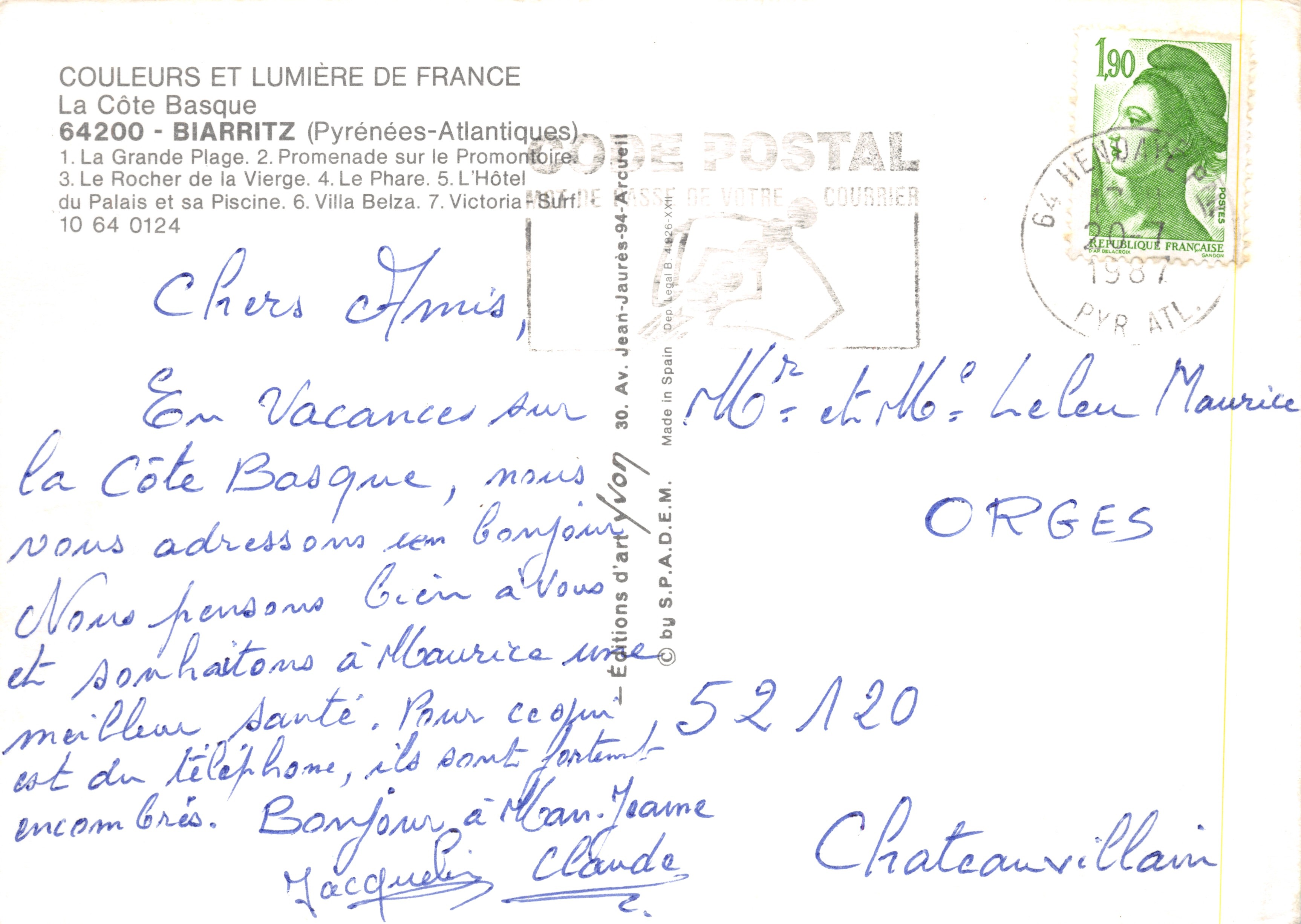 Biarritz — uitzicht op de Rocher de la Vierge en de Grande Plage — Souvenir de Biarritz, uitgegeven door S.P.A.D.E.M — Achterkant
