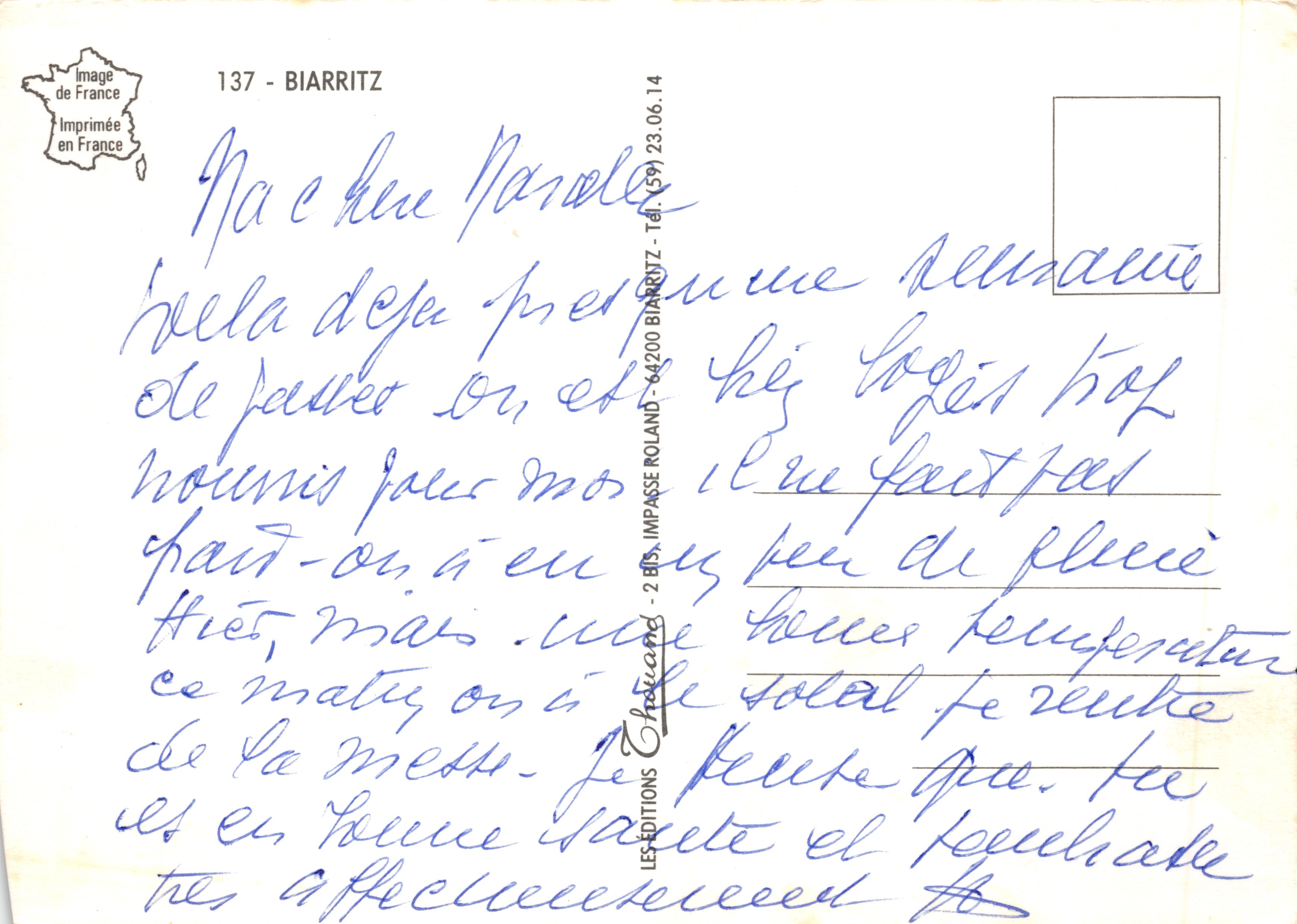Biarritz — Roca de la Virgen, Puerto de los Pescadores, Le Basta, Playa y Casino — editor Chouand — Reverso