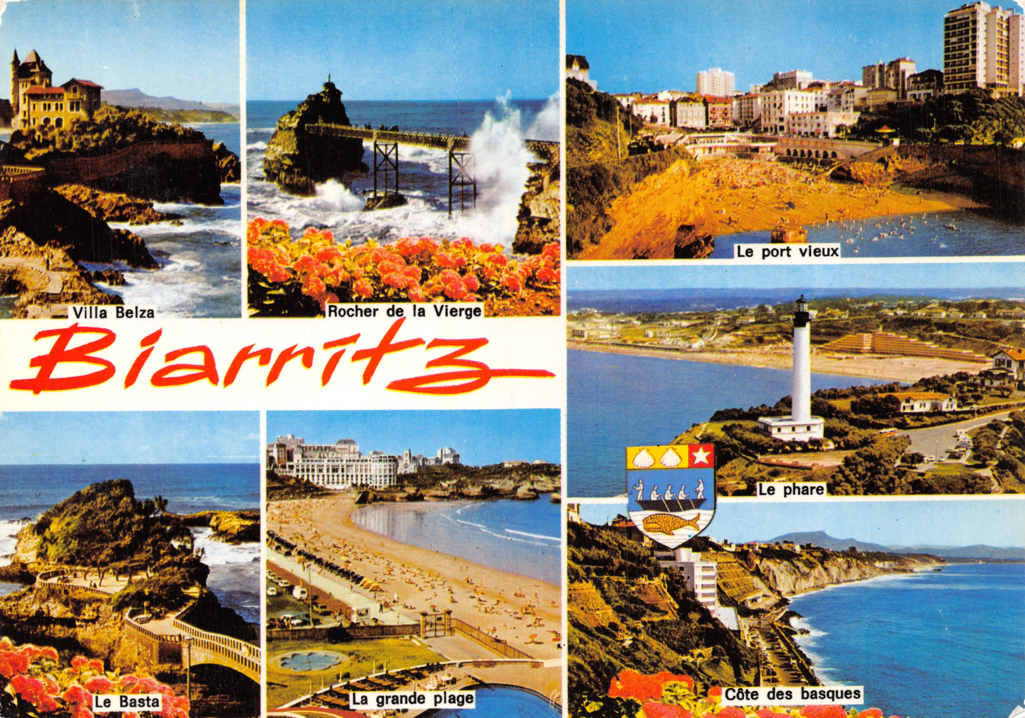Biarritz — Vista panoramica con Villa Belza, Rocher de la Vierge, Porto vecchio, Faro, Grande spiaggia — Editore Elnacap