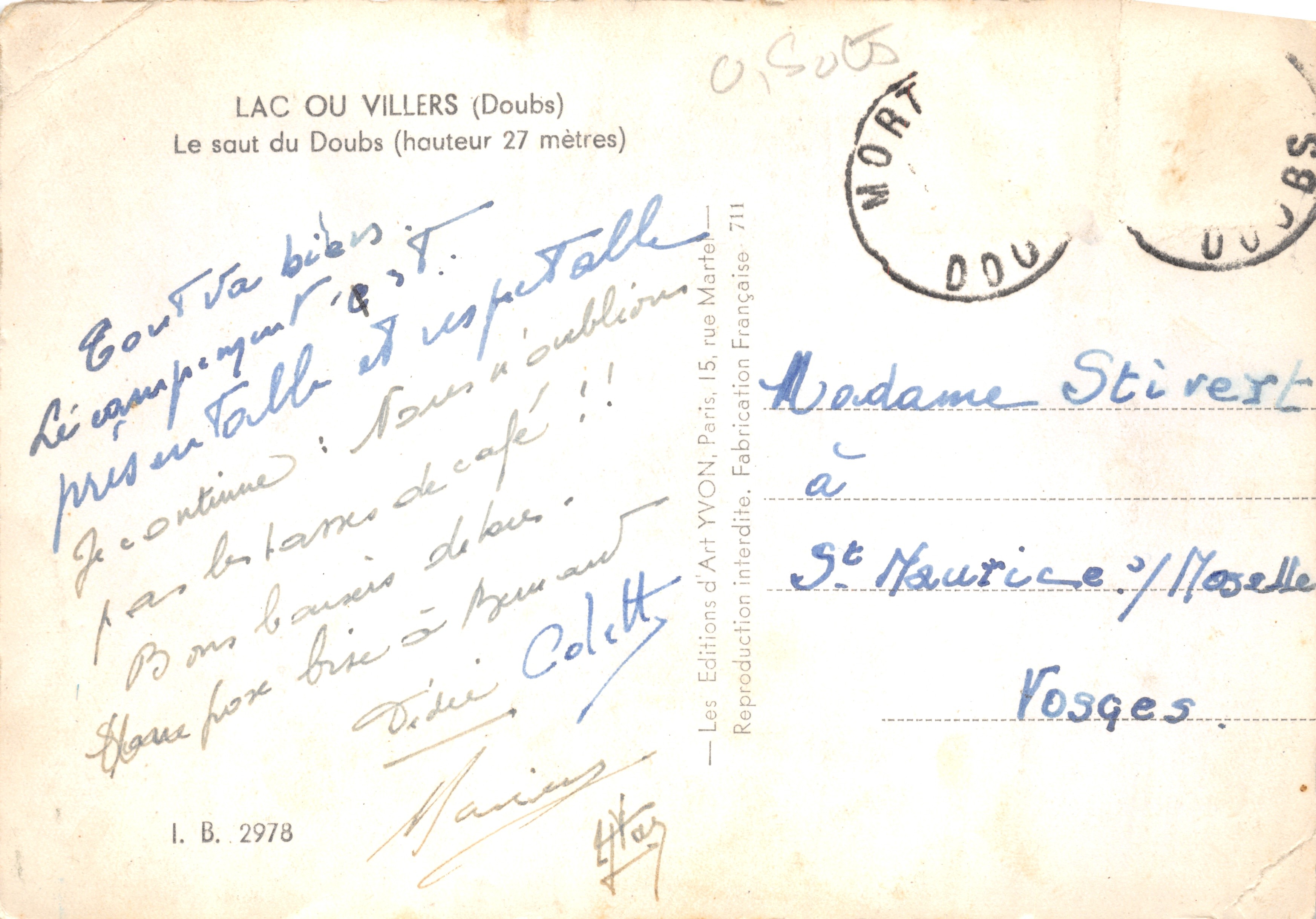 Lac ou Villers — Le saut du Doubs (hauteur 27 mètres) — Les Éditions d'Art YVON, Paris, 15, rue Marteau — Achterkant