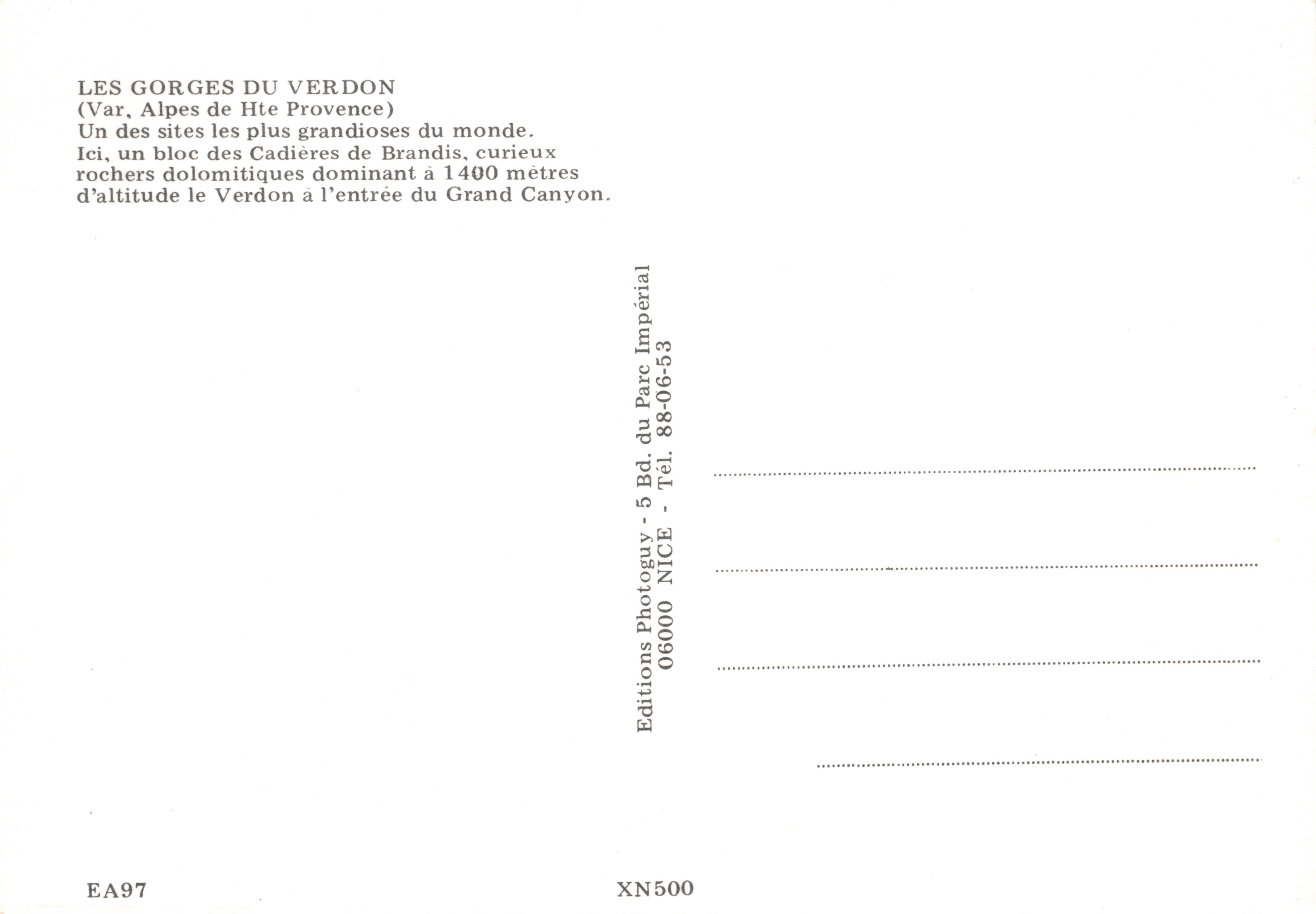 De Verdon-groeven — Dolomietblokken bij de ingang van de Grand Canyon — Editions Photoguy, Nice — Achterkant