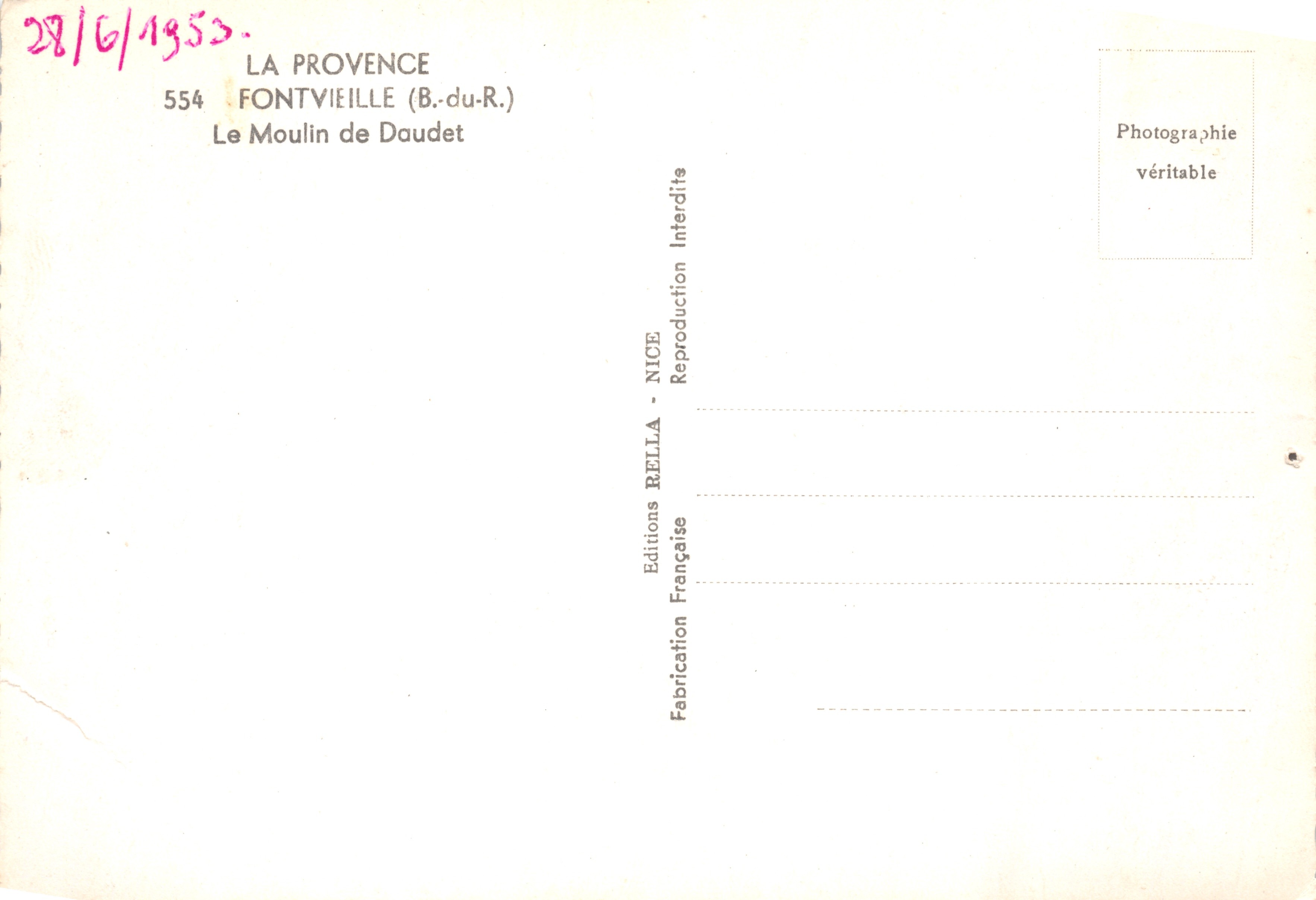 El Molino de Daudet — molino de piedra en una colina — Editions BELLA, n.º 554 — Reverso