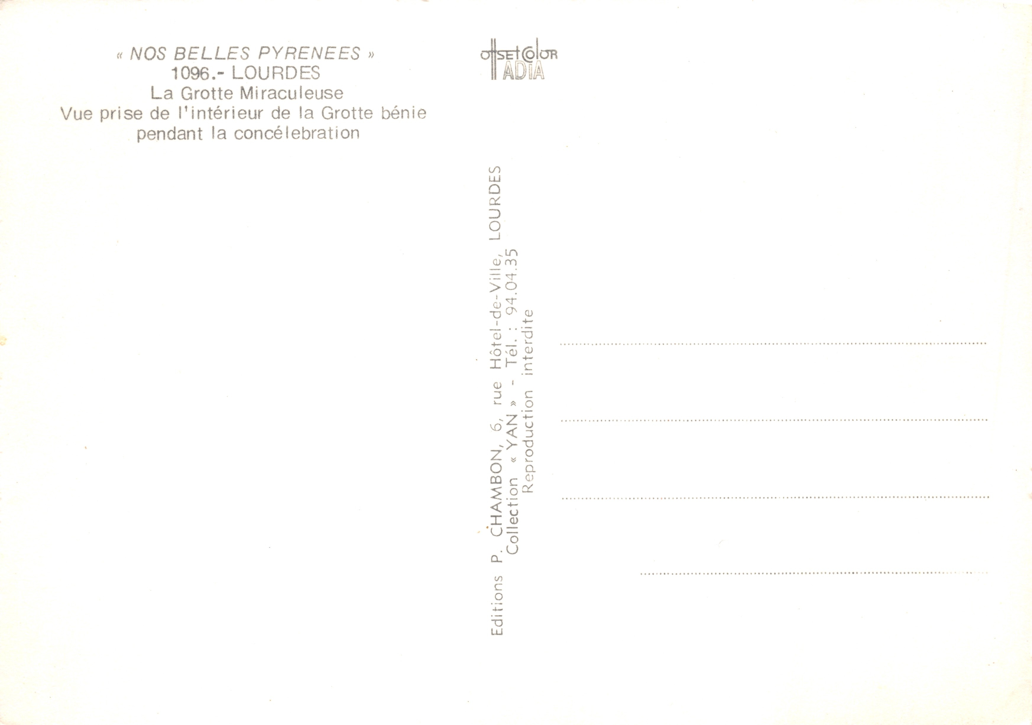 Lourdes — La Gruta Milagrosa — Ediciones Offset Color ADIA — Reverso