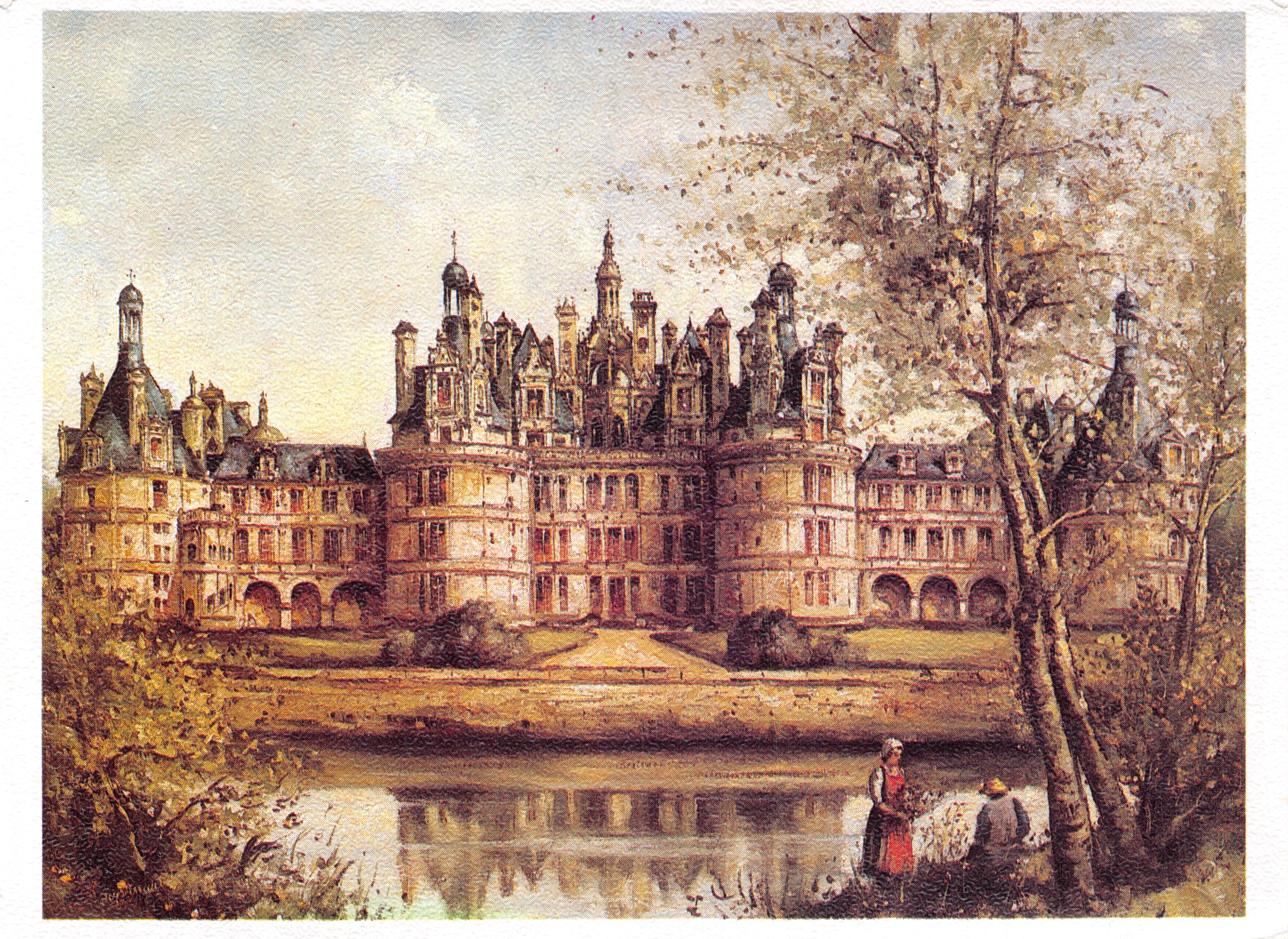 Château de Chambord — algemene uitzicht met twee personen aan de rand van het water — uitgever LUTECE EDITION, n° 258.41.05