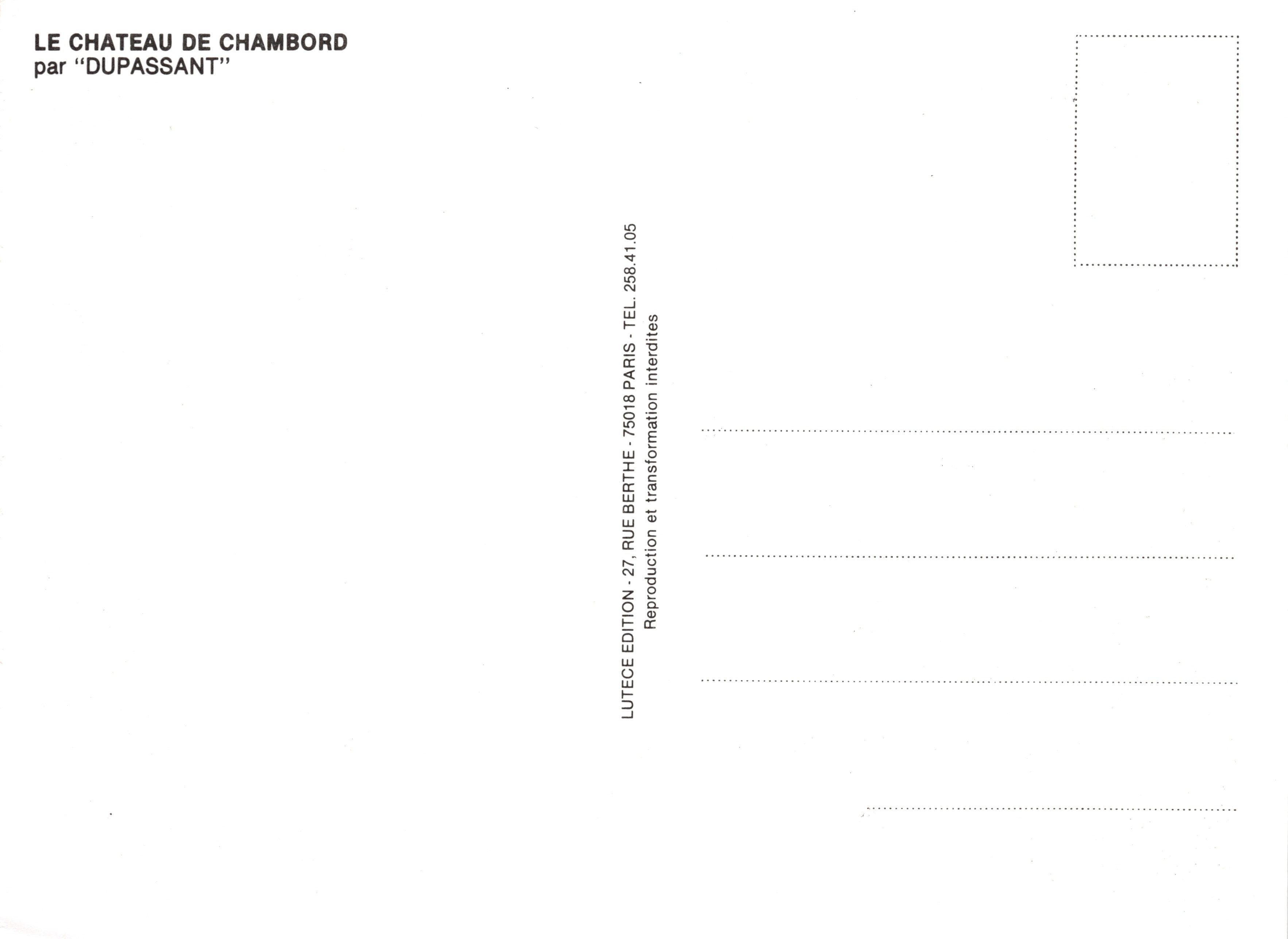 Château de Chambord — algemene uitzicht met twee personen aan de rand van het water — uitgever LUTECE EDITION, n° 258.41.05 — Achterkant
