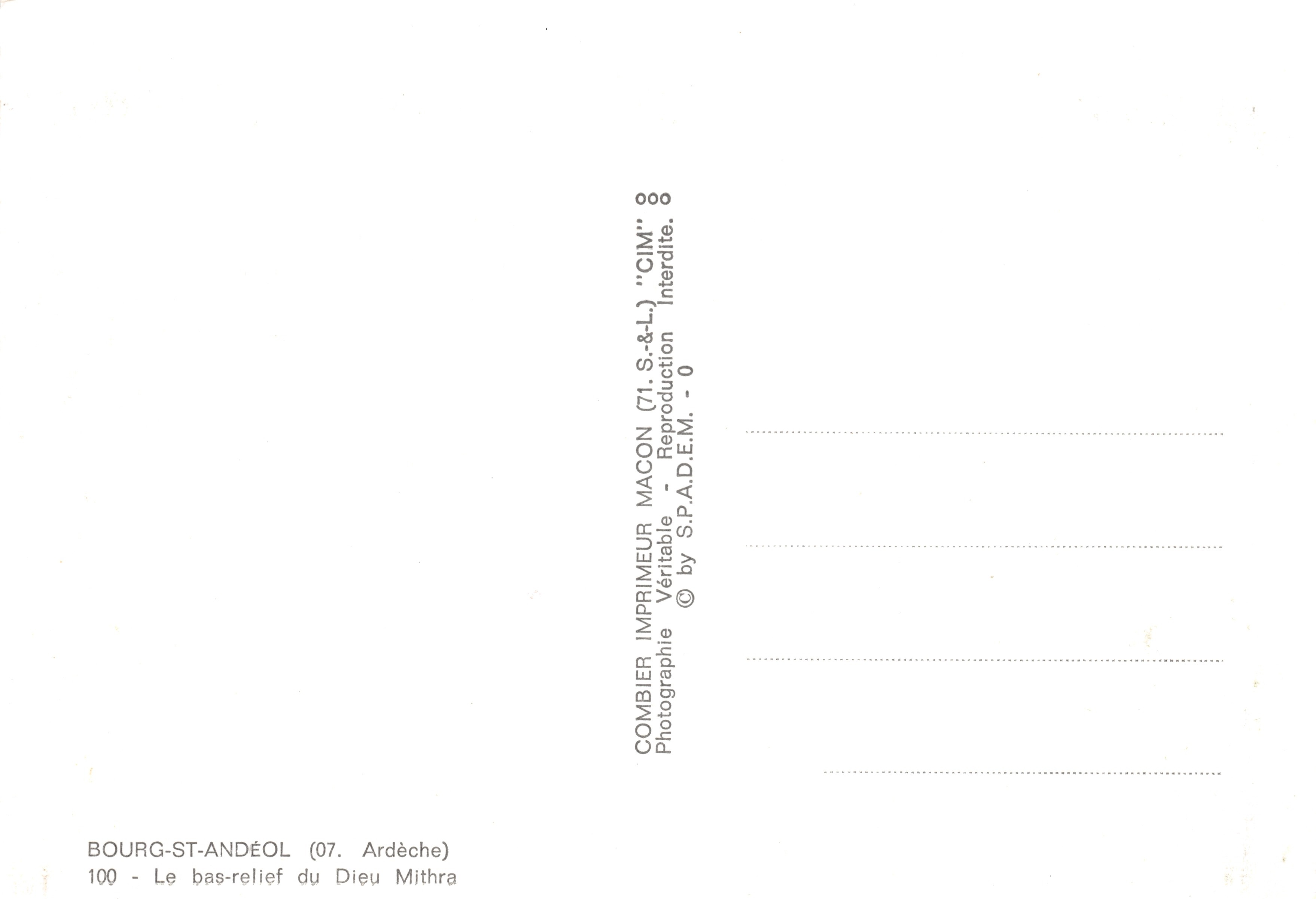 Bourg-St-Andéol — Bas-relief du Dieu Mithra — Imprimeur Combier — Back