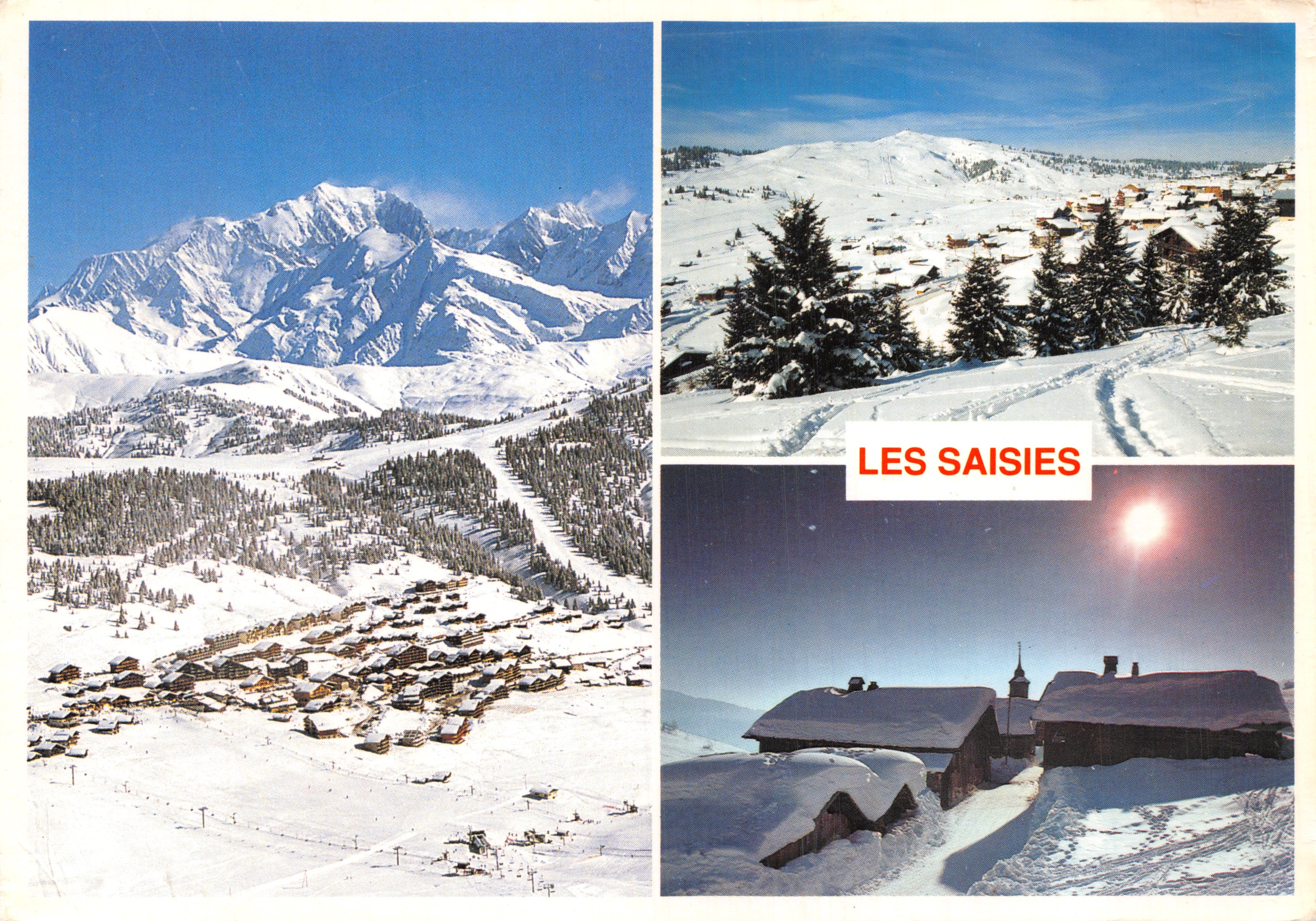 Les Saisies — vista panoramica invernale con montagne, villaggio e chiesa — ÉDITION PHOTO J.P. FRANCOZ - ANNÉCY