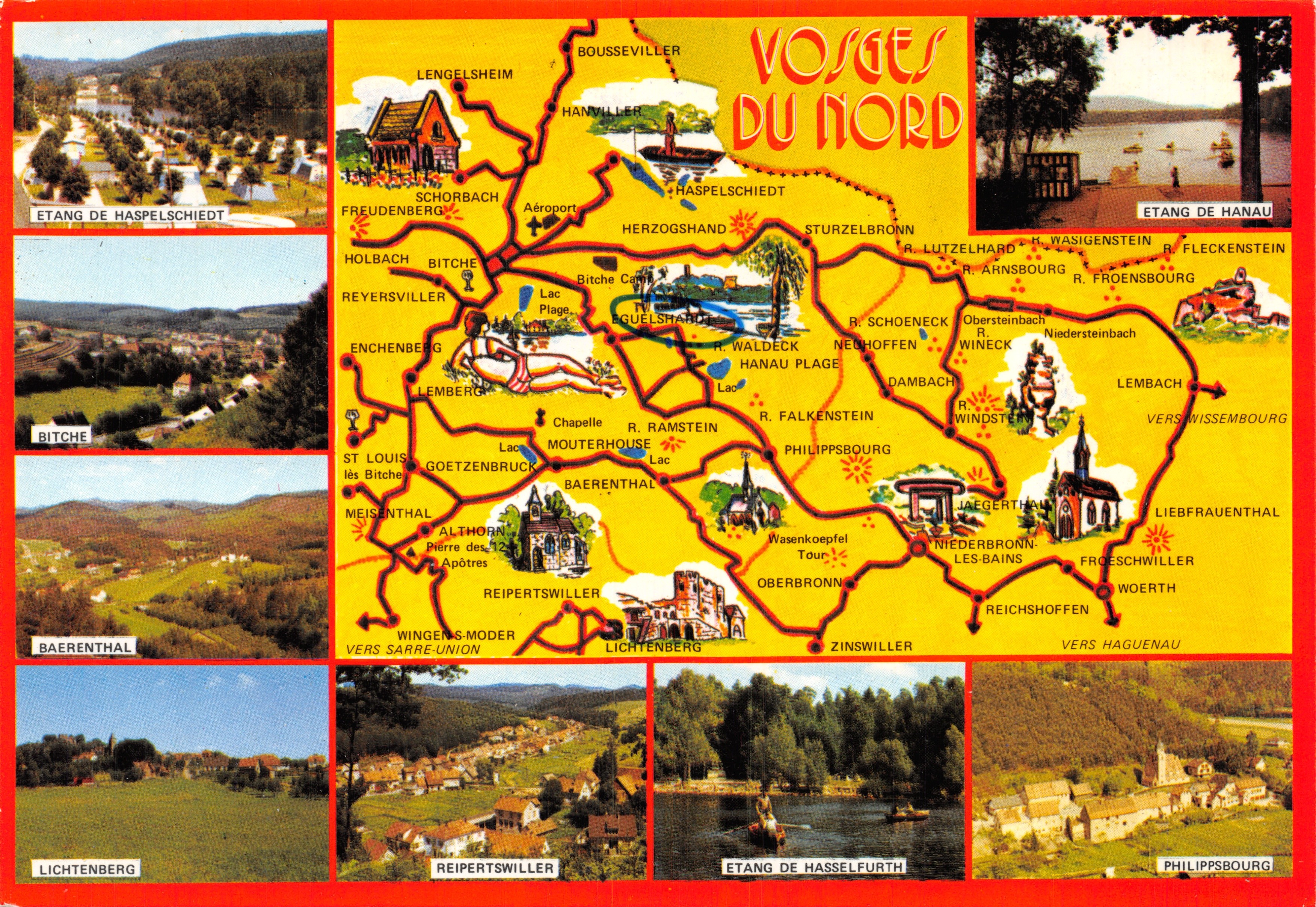 Vosges del Norte — Carta turística con vista de lagos y pueblos