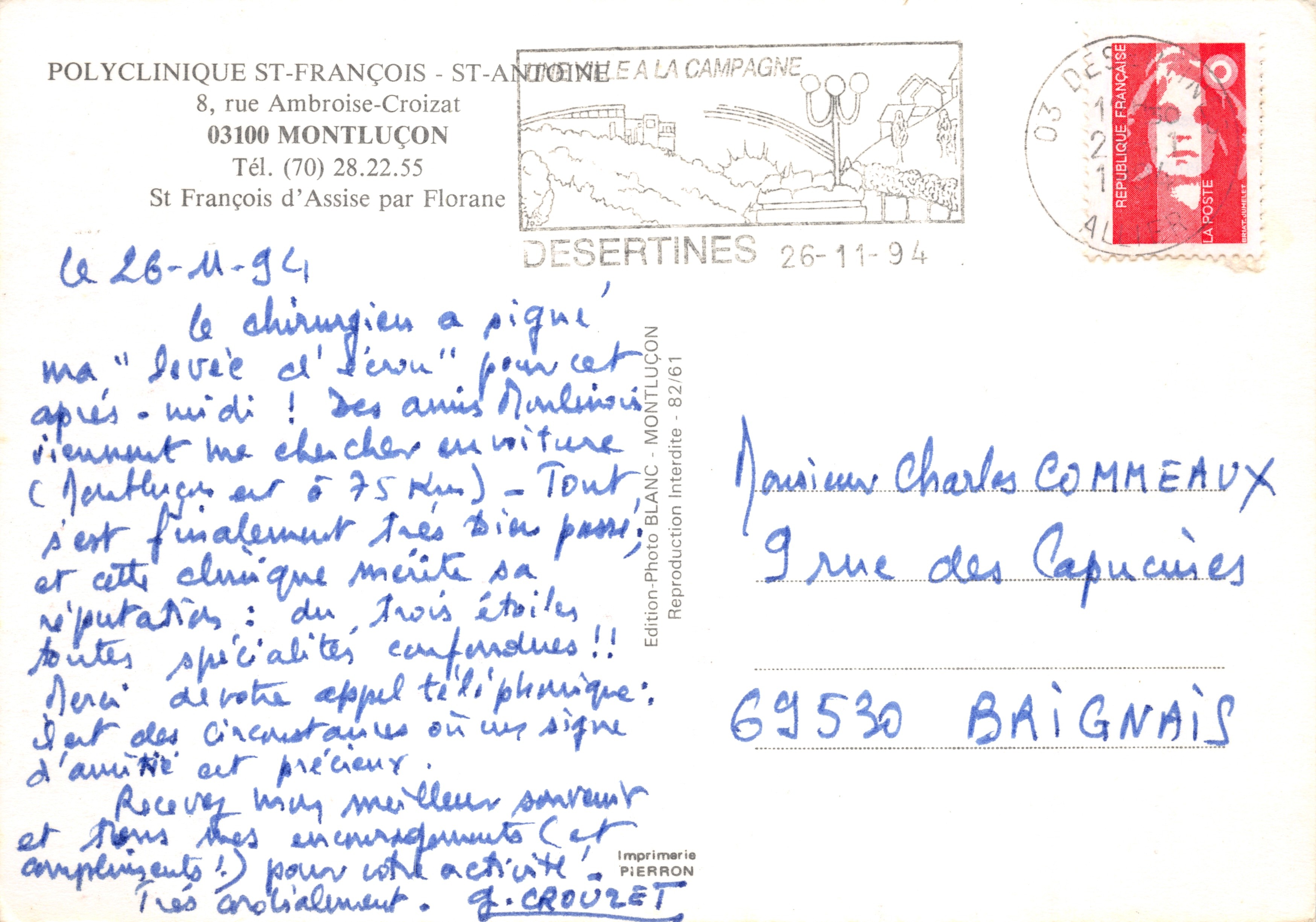 Monaco contemplativo — scena montuosa con olivo e uccelli — Edition Photo-Blanc, n° 82/61 — Verso