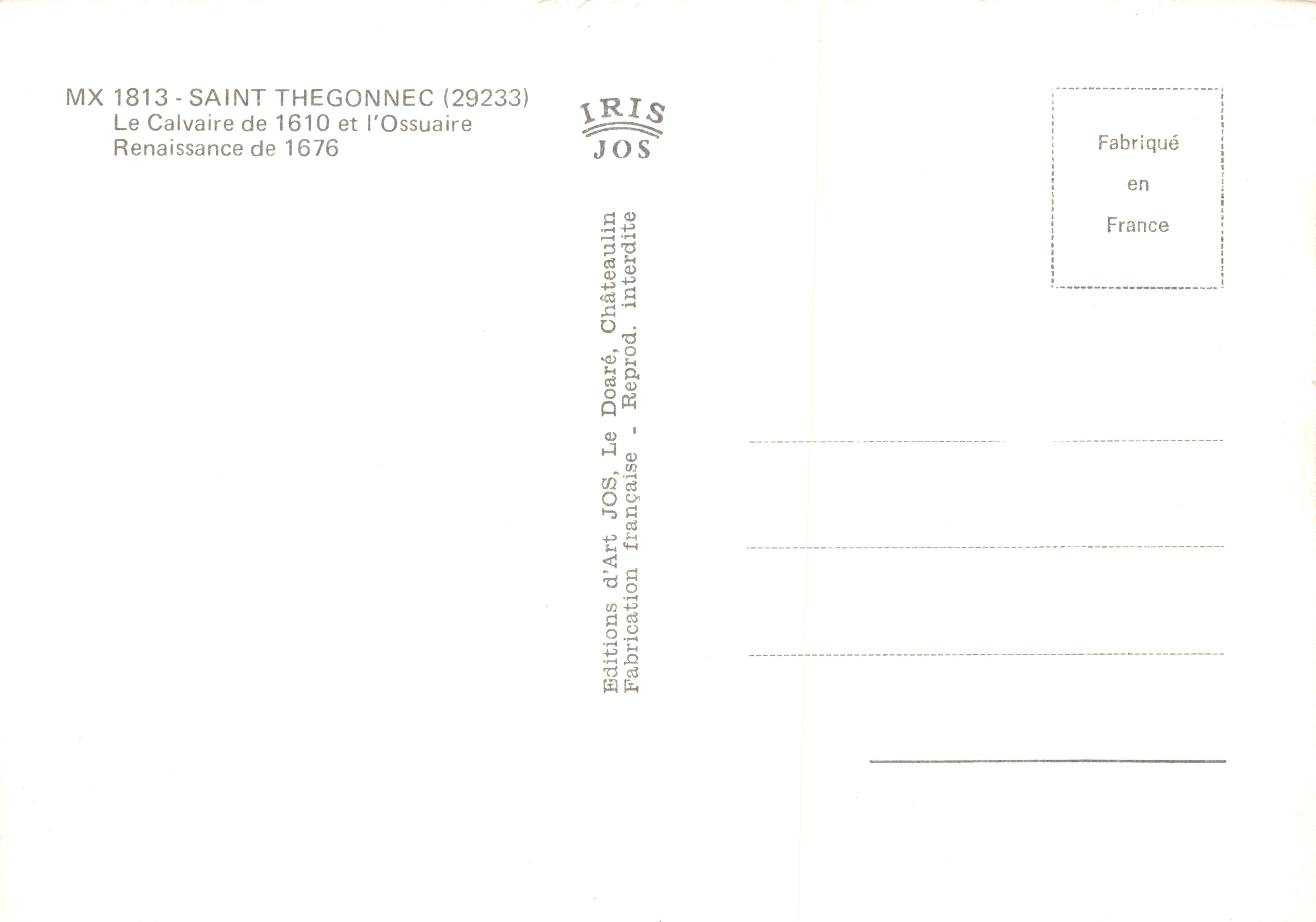 Calvaire et Ossuaire de Saint-Thégonnec — éditeur Éditions d'Art JOS — Rückseite