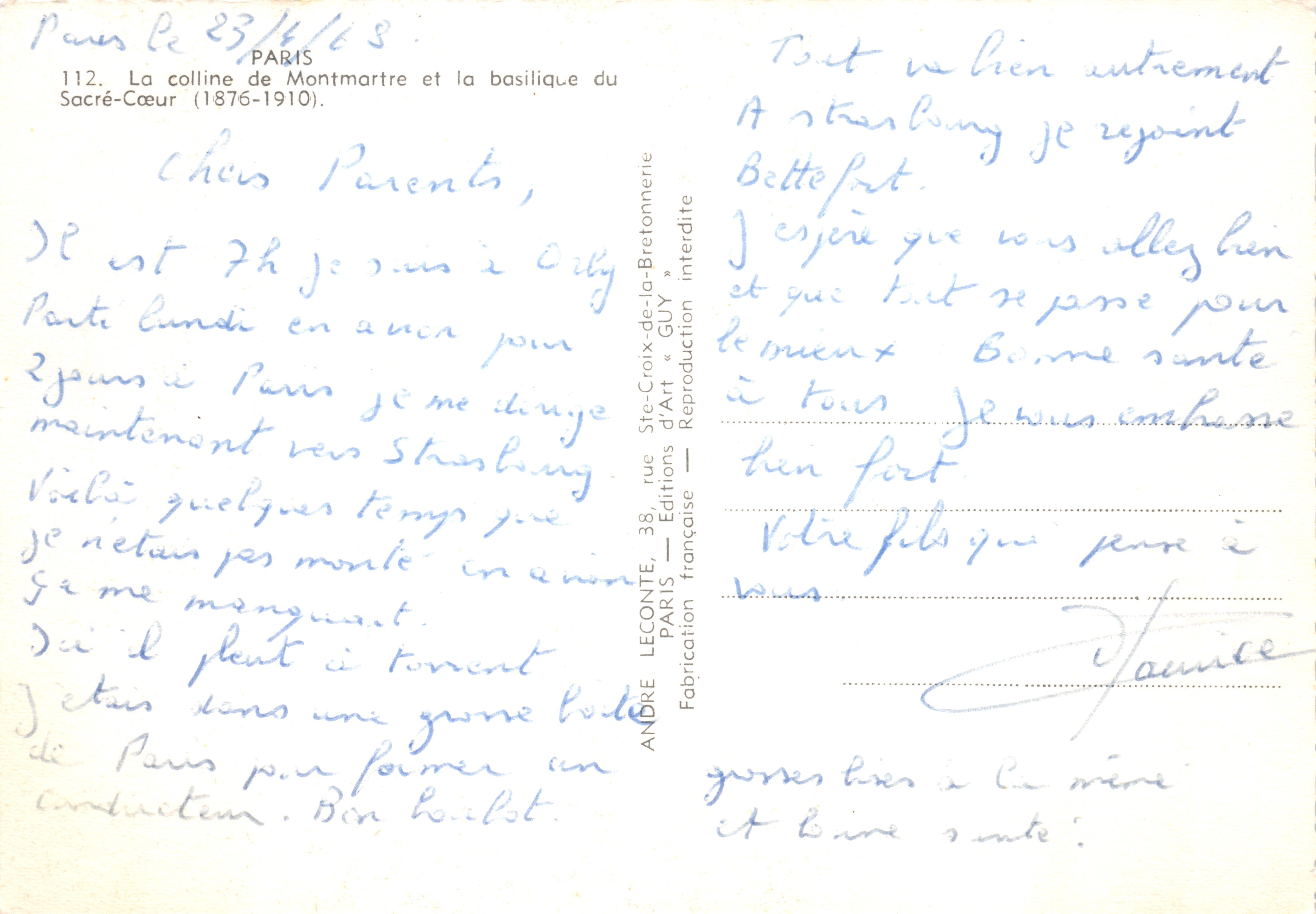 La colline de Montmartre et la basilique du Sacré-Cœur — vue panoramique — éditeur André Leconte, n°112 — Verso
