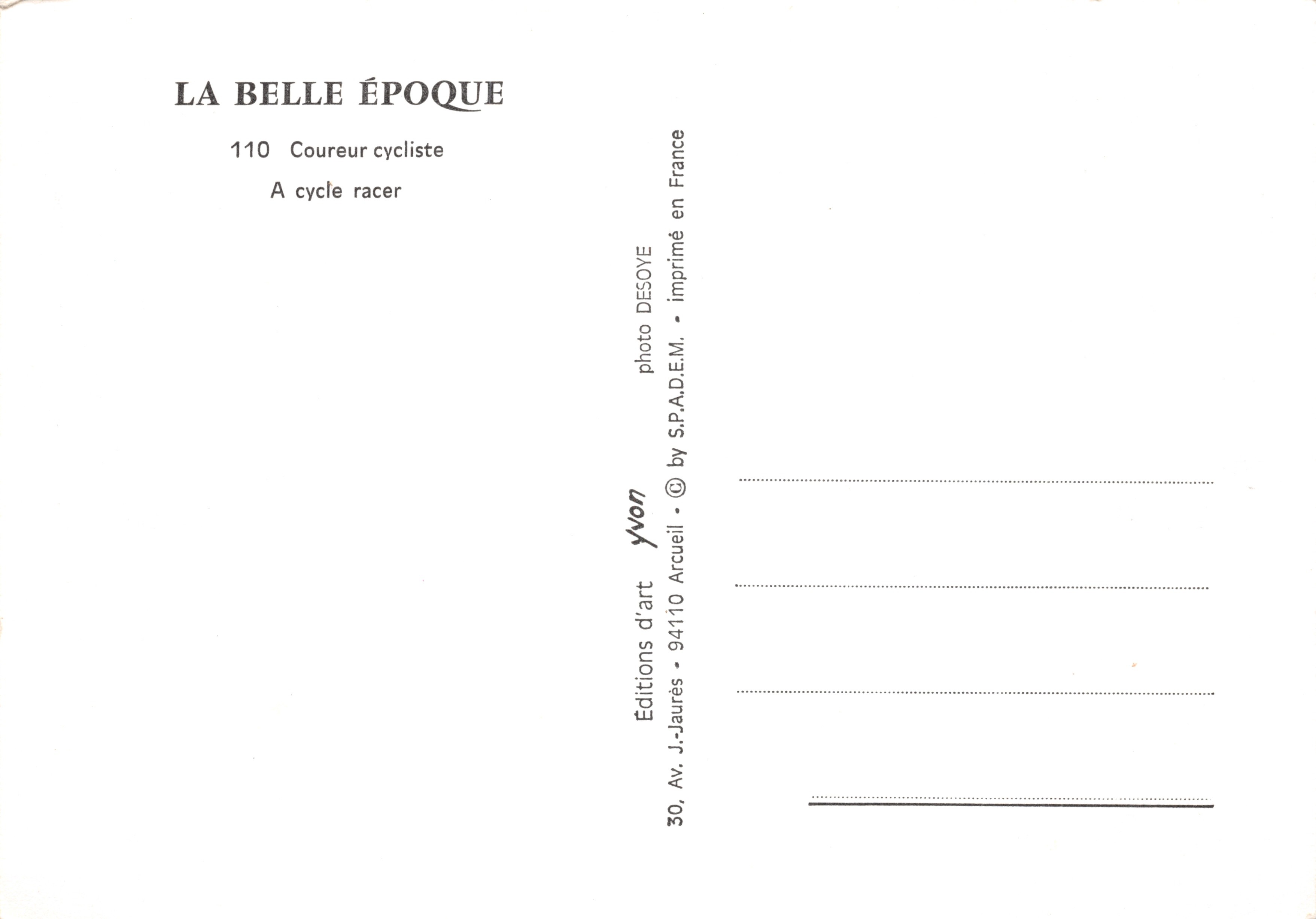 Ciclista velocista — ciclista con bicicletta B.S.A. e piuma di palma — Editions J.-Jaurès — Verso