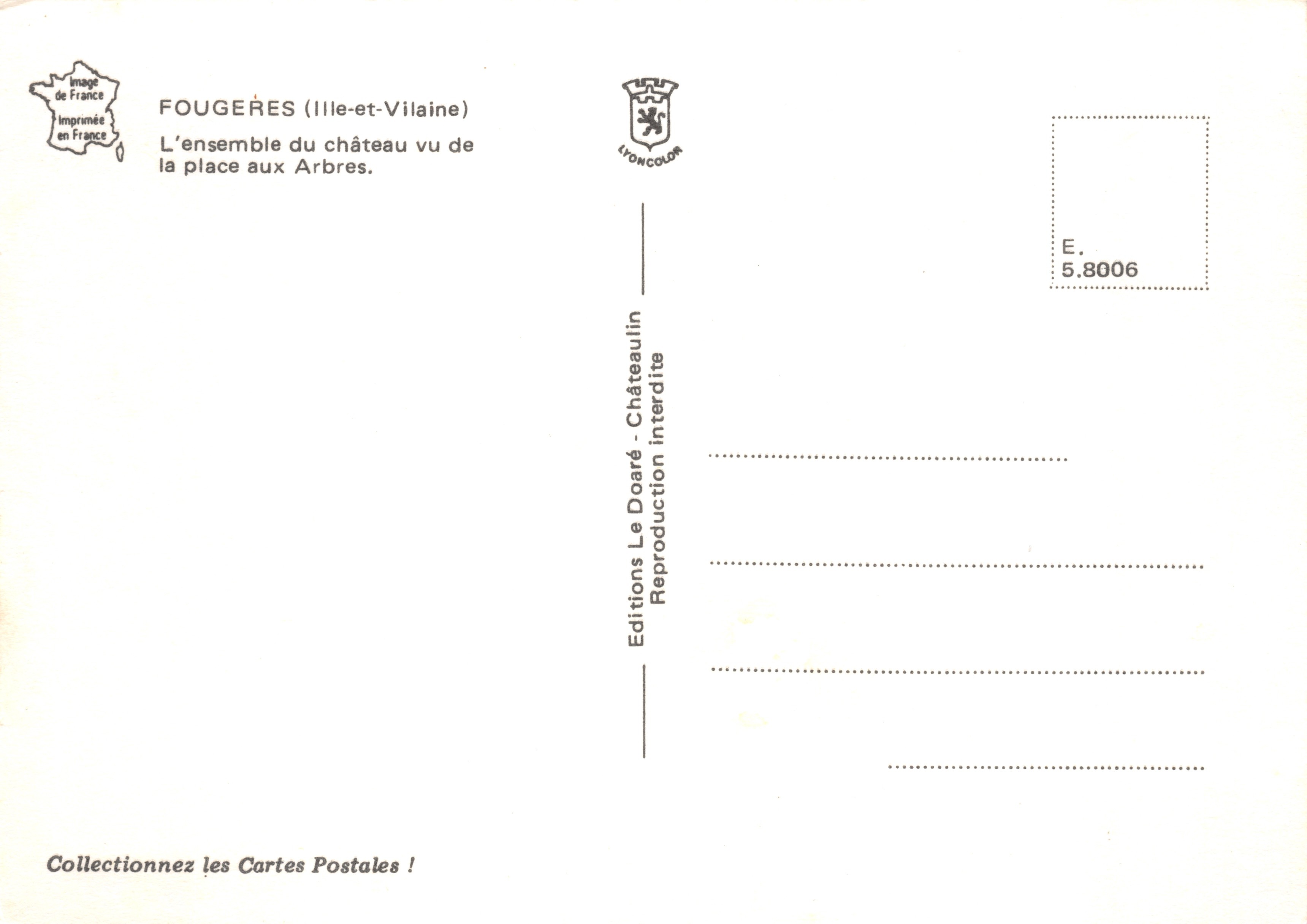 Fougeres (Ille-et-Vilaine) — vista del castillo visto desde la Place aux Arbres — Éditions Le Doaré — Reverso