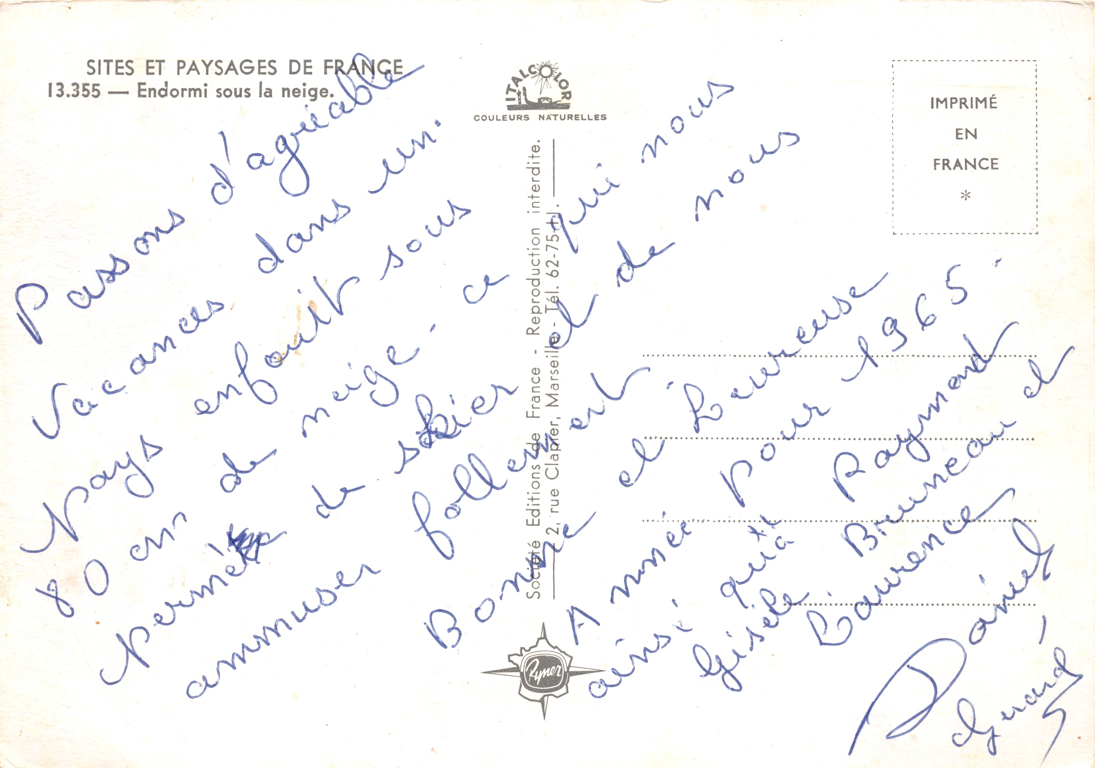 Paesaggio invernale — Chalet innevato ai piedi delle montagne — Éditions de France, n° 13.355 — Verso