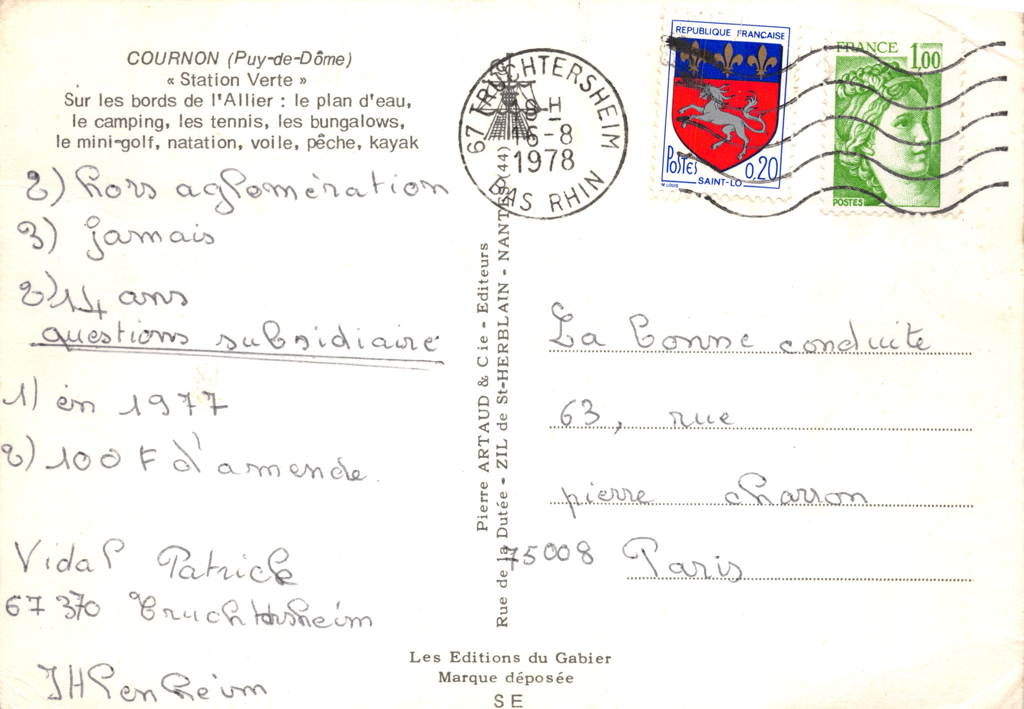 Cournon — playa y lago — editor Pierre Artaud & Cie — Reverso