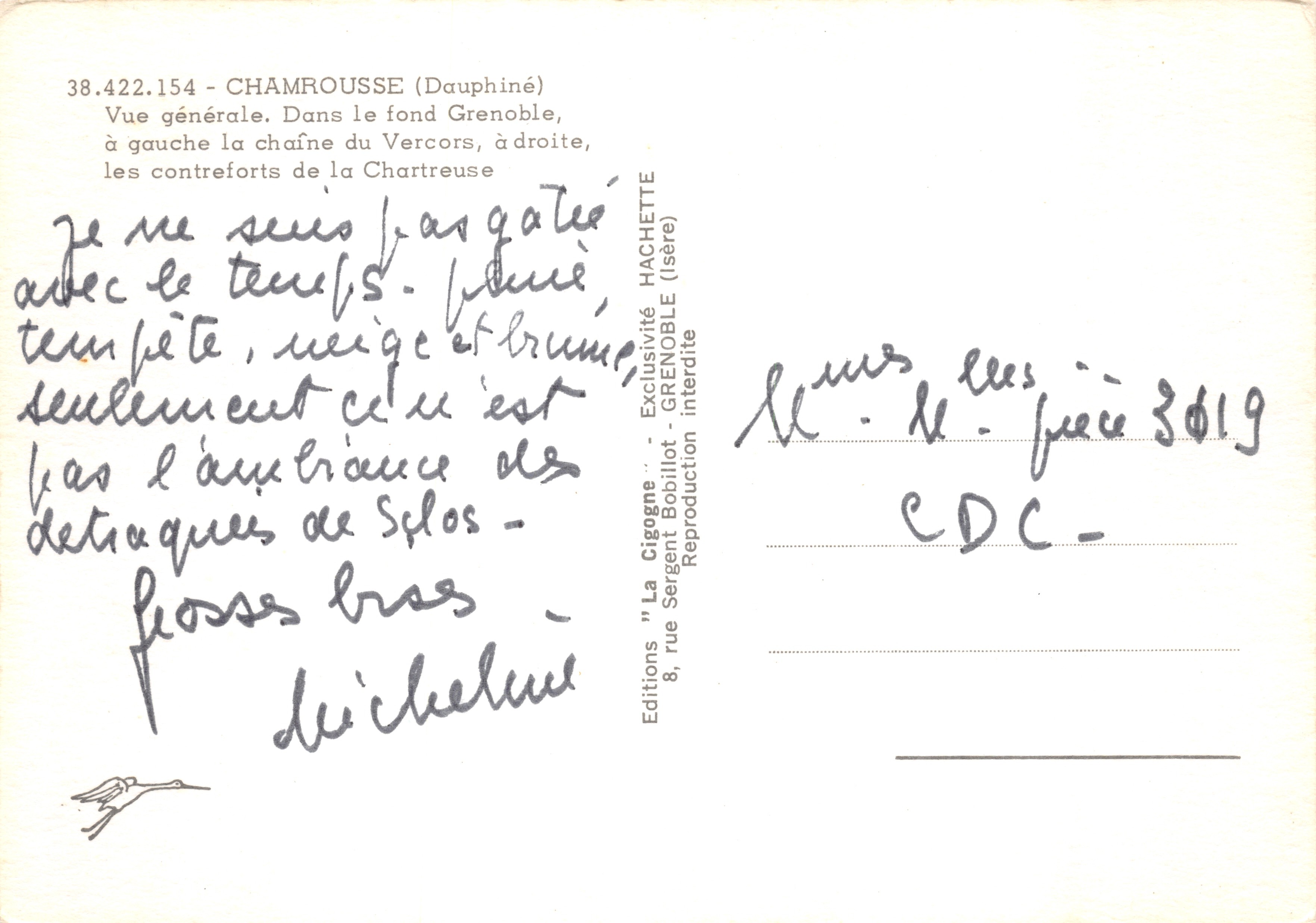 La Cigüeña — Vista general de Chamrousse con los contrafuertes de la Chartreuse y del Vercors — Editions La Cigogne — Reverso