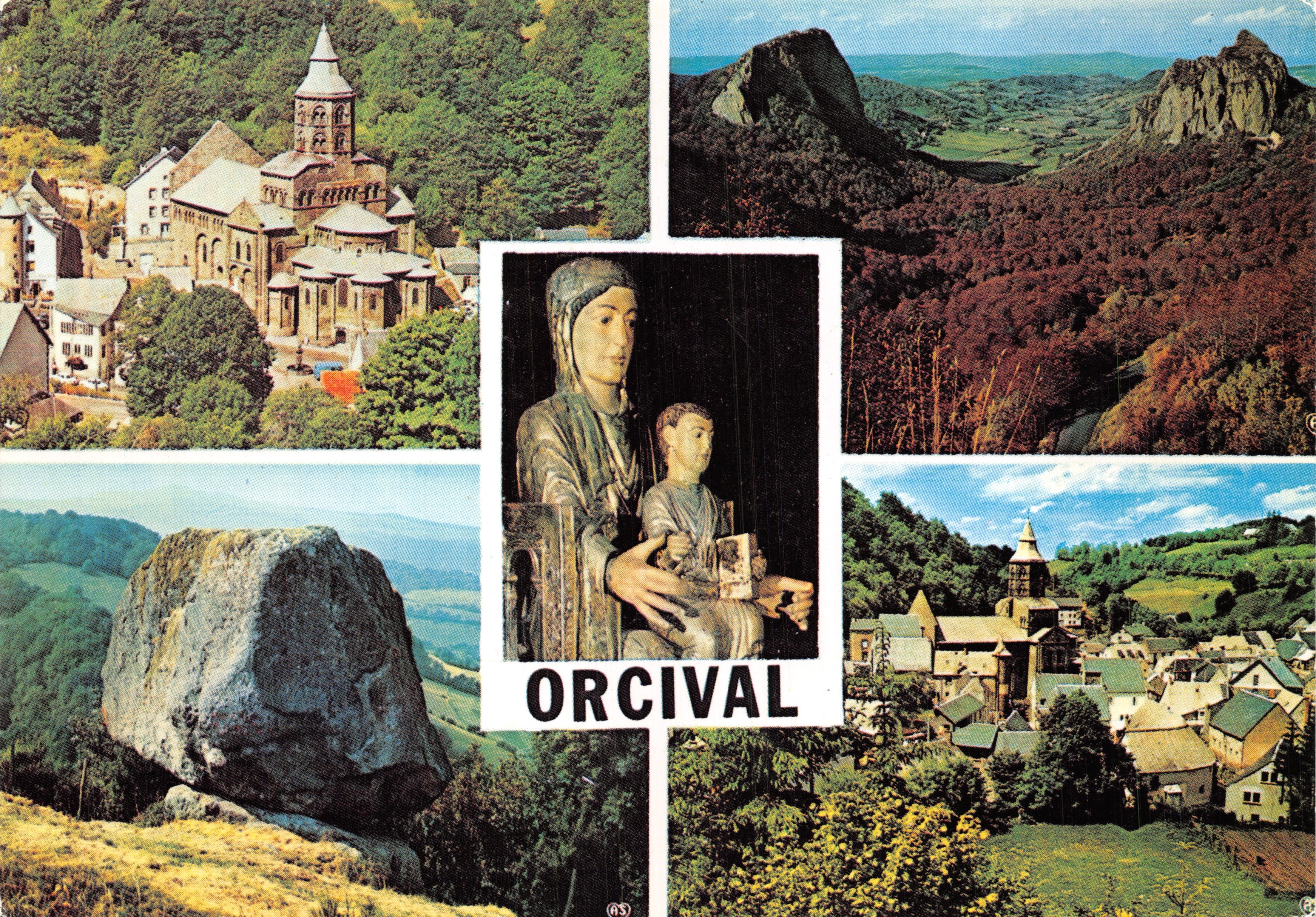 Orcival — vista panorámica de la ciudad, de la catedral, de la roca y de la estatua de la Virgen — Éditions LYS