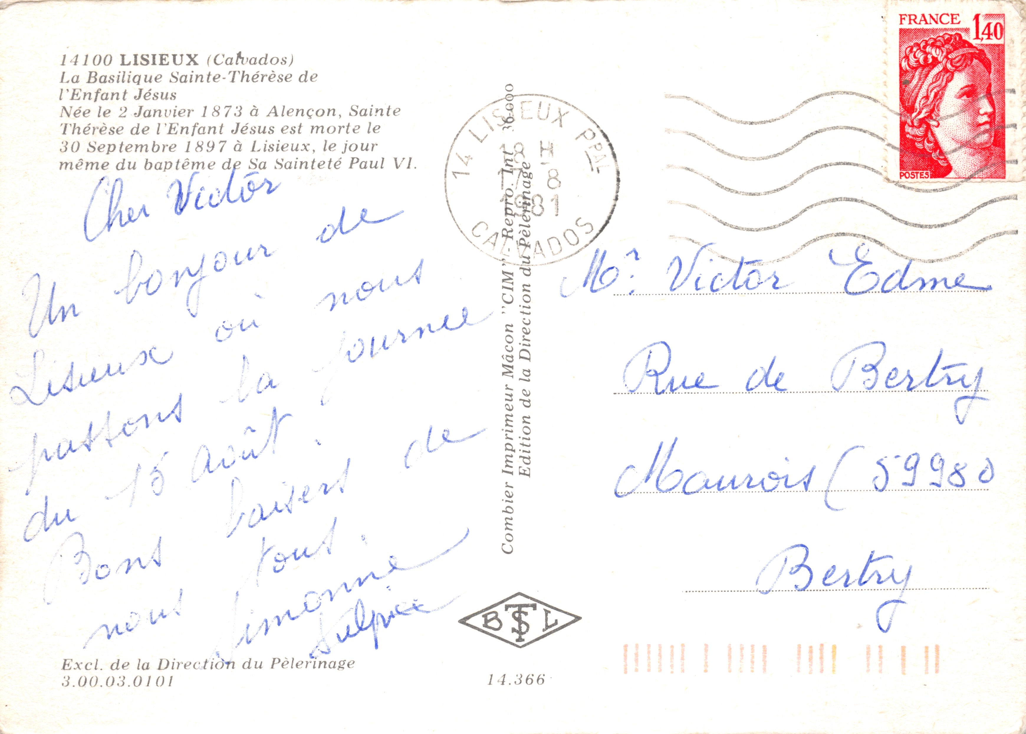 Basílica de Santa Teresa de Lisieux — editor Combiérier Imprimeur Mâcon, n.º 14.366 — Reverso