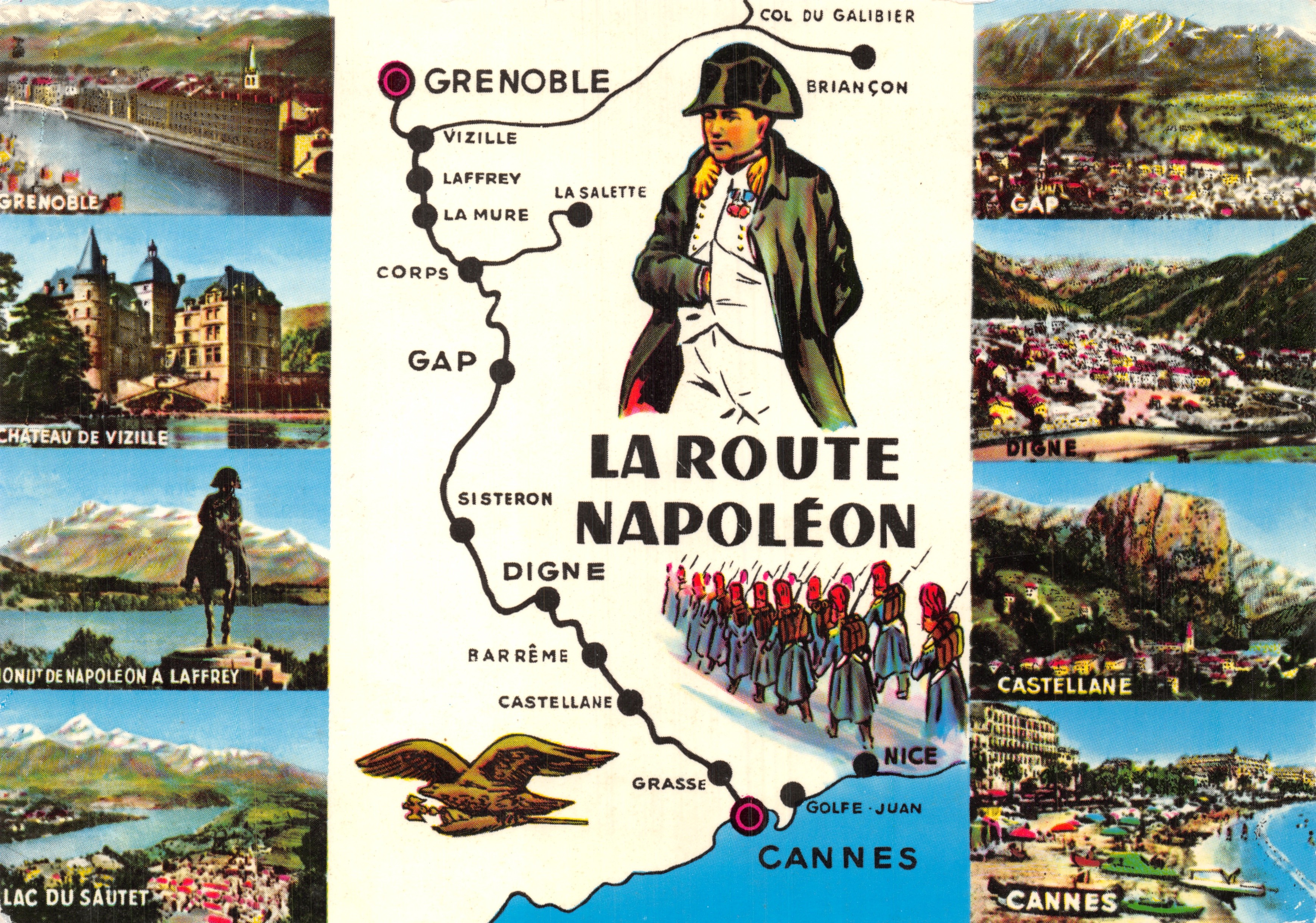 La Ruta de Napoleón — tarjeta postal ilustrada con mapa y viñetas de lugares — Éditions Intégrales