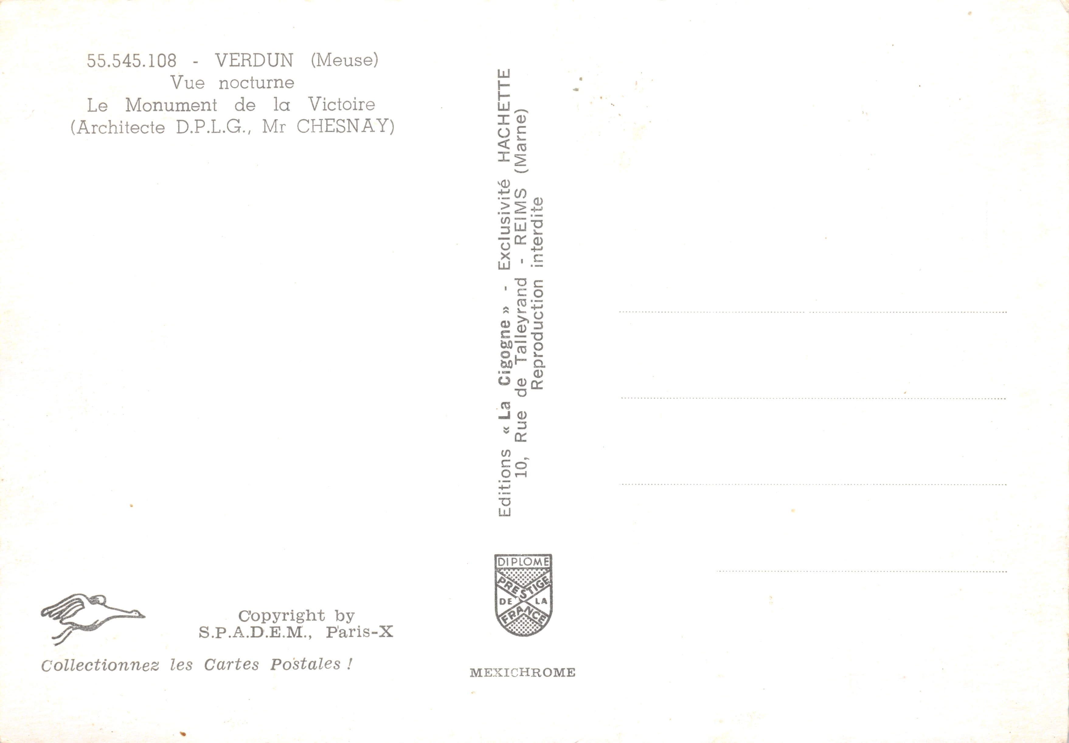 Verdun (Meuse) — Vue nocturne du Monument de la Victoire — Éditions Diplôme — Back