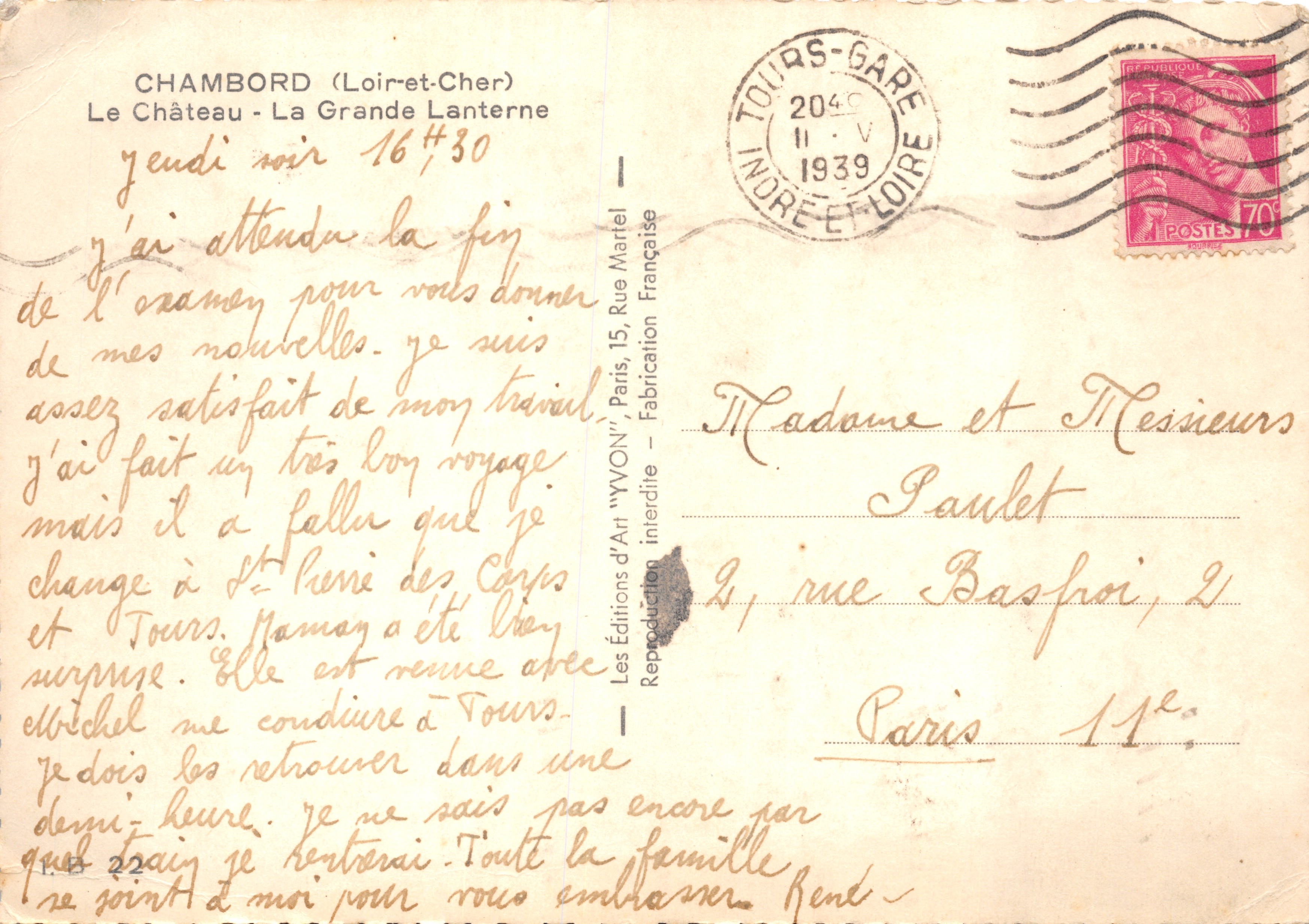 Chambord — La Grande Lanterne — Éditions d'Art 'WYON' n° 22 — Rückseite