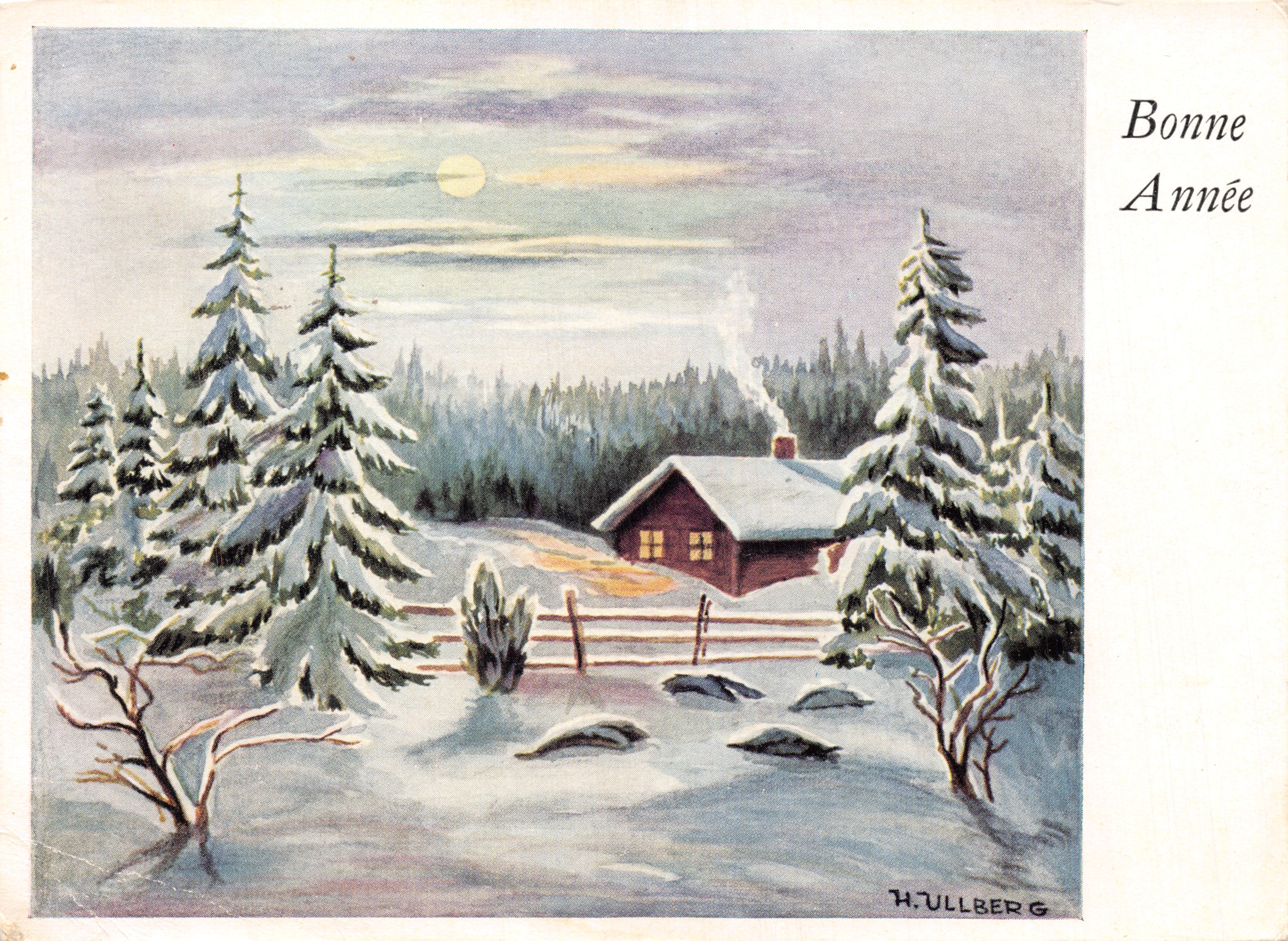 Scène hivernale — cabane enneigée au milieu d'une forêt — H. ULLBERG