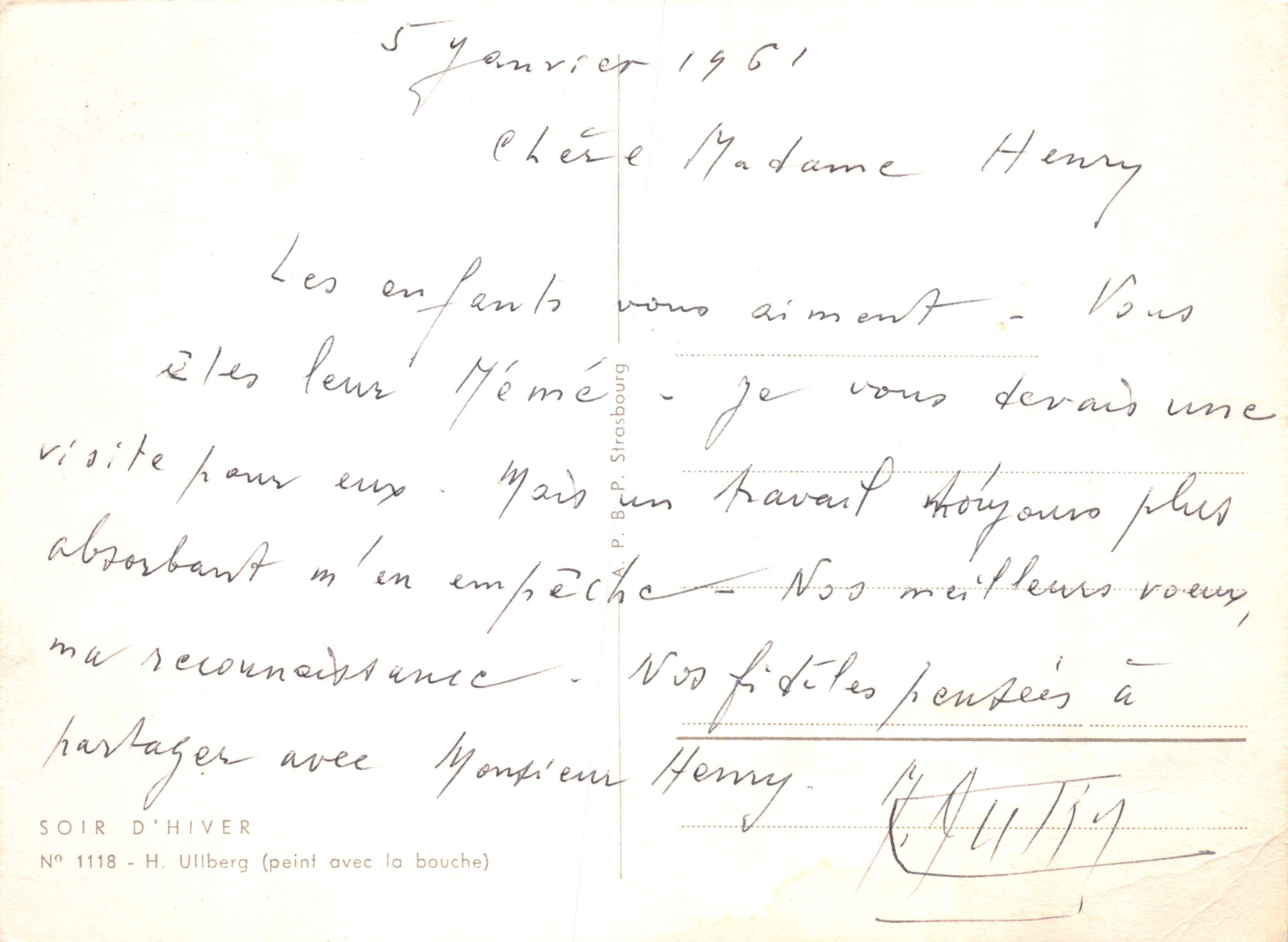 Scène hivernale — cabane enneigée au milieu d'une forêt — H. ULLBERG — Achterkant