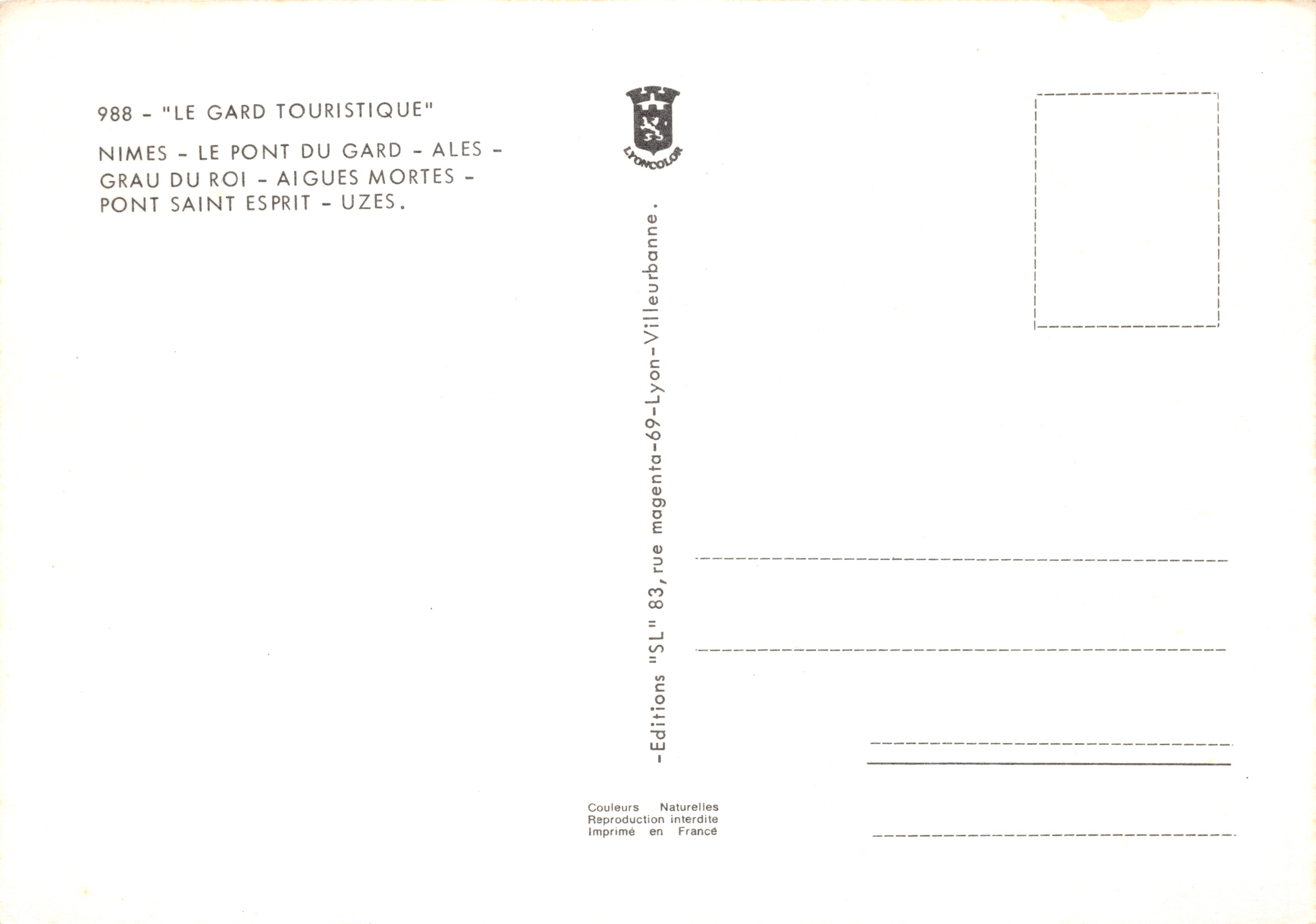 Le Gard — Collage touristique avec amphithéâtre, aqueduc, château et carte départementale — Éditeur : Éditions SL — Rückseite